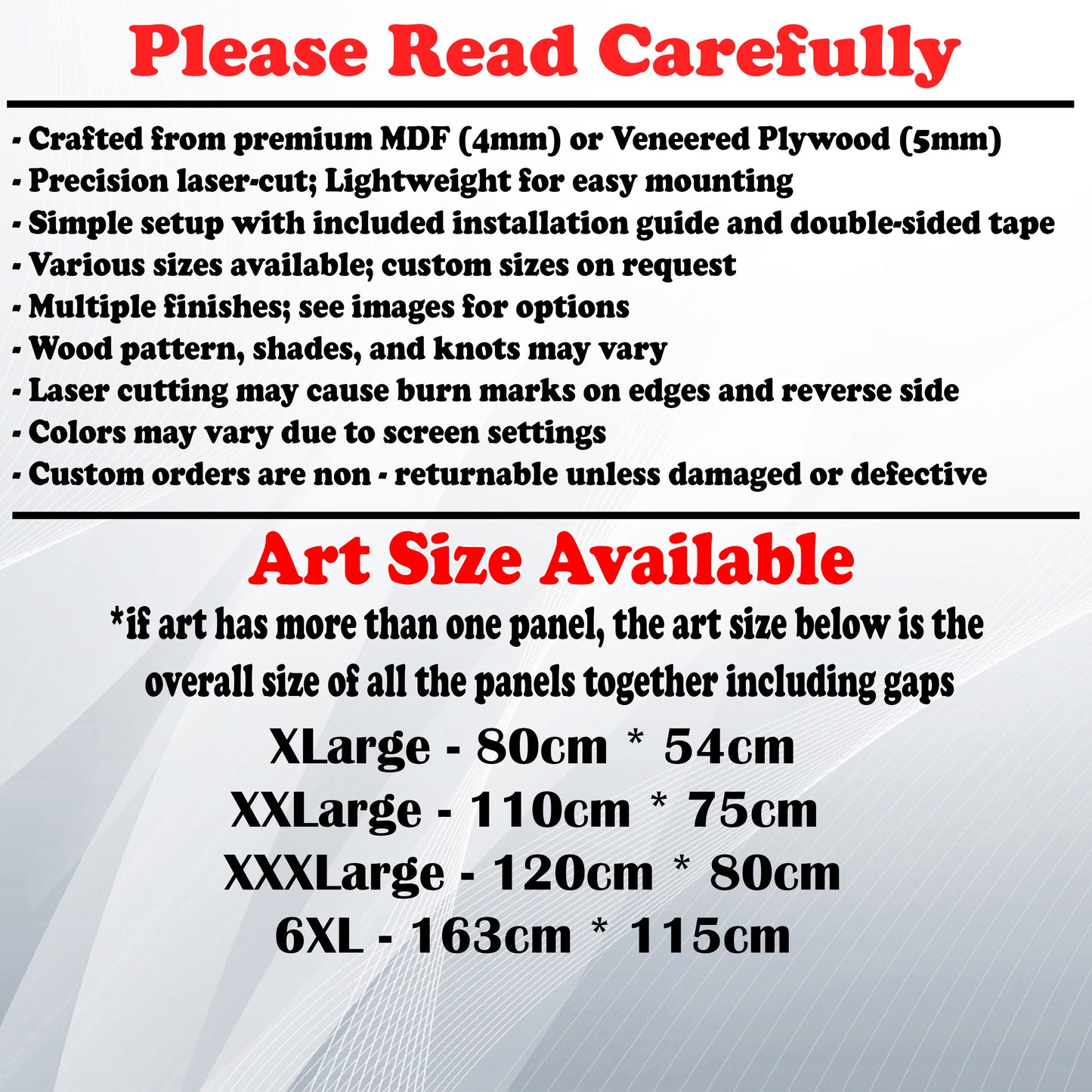 Wooden Art Size Guide and art details, Material, finish options, fittings.