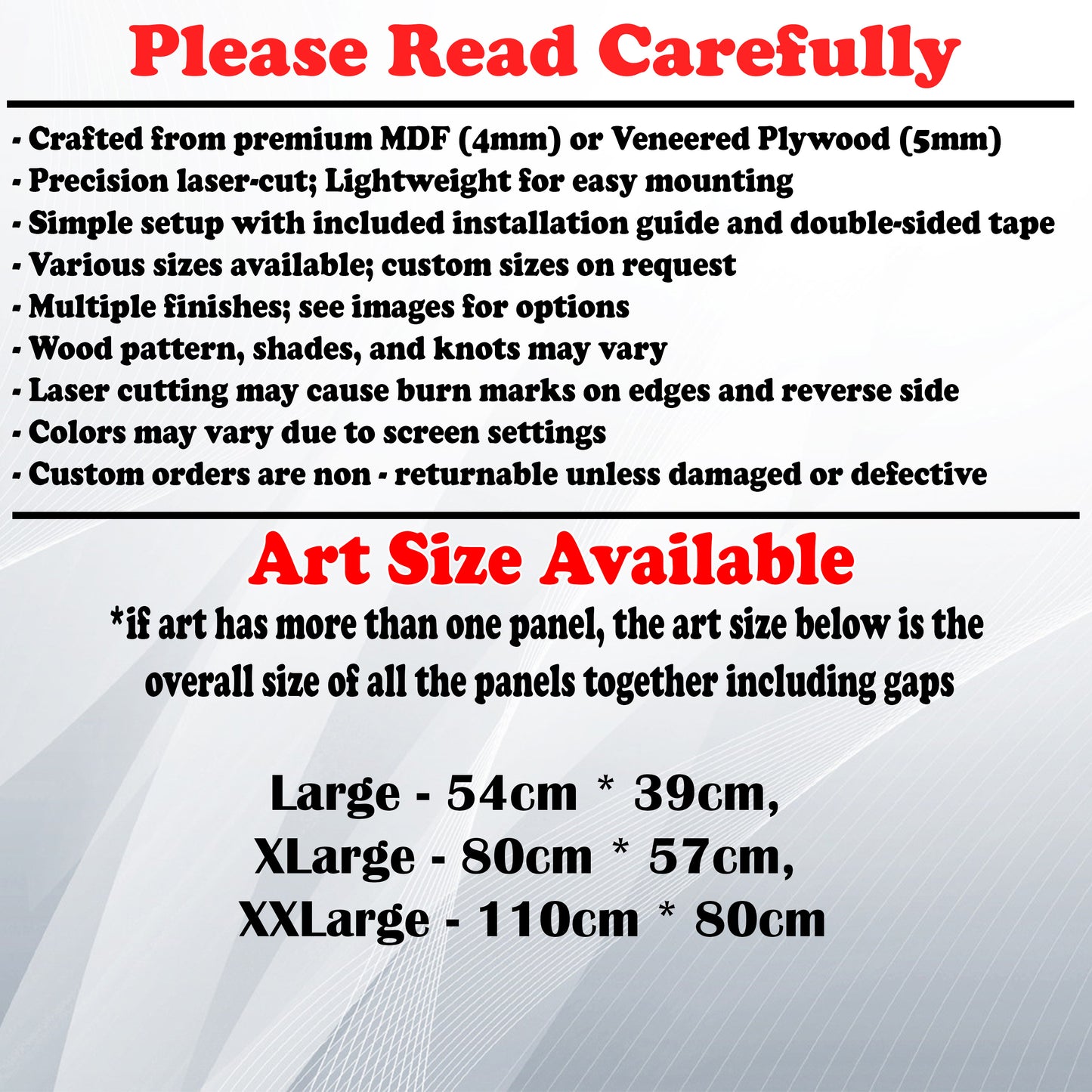 Wooden Art Size Guide and art details, Material, finish options, fittings.