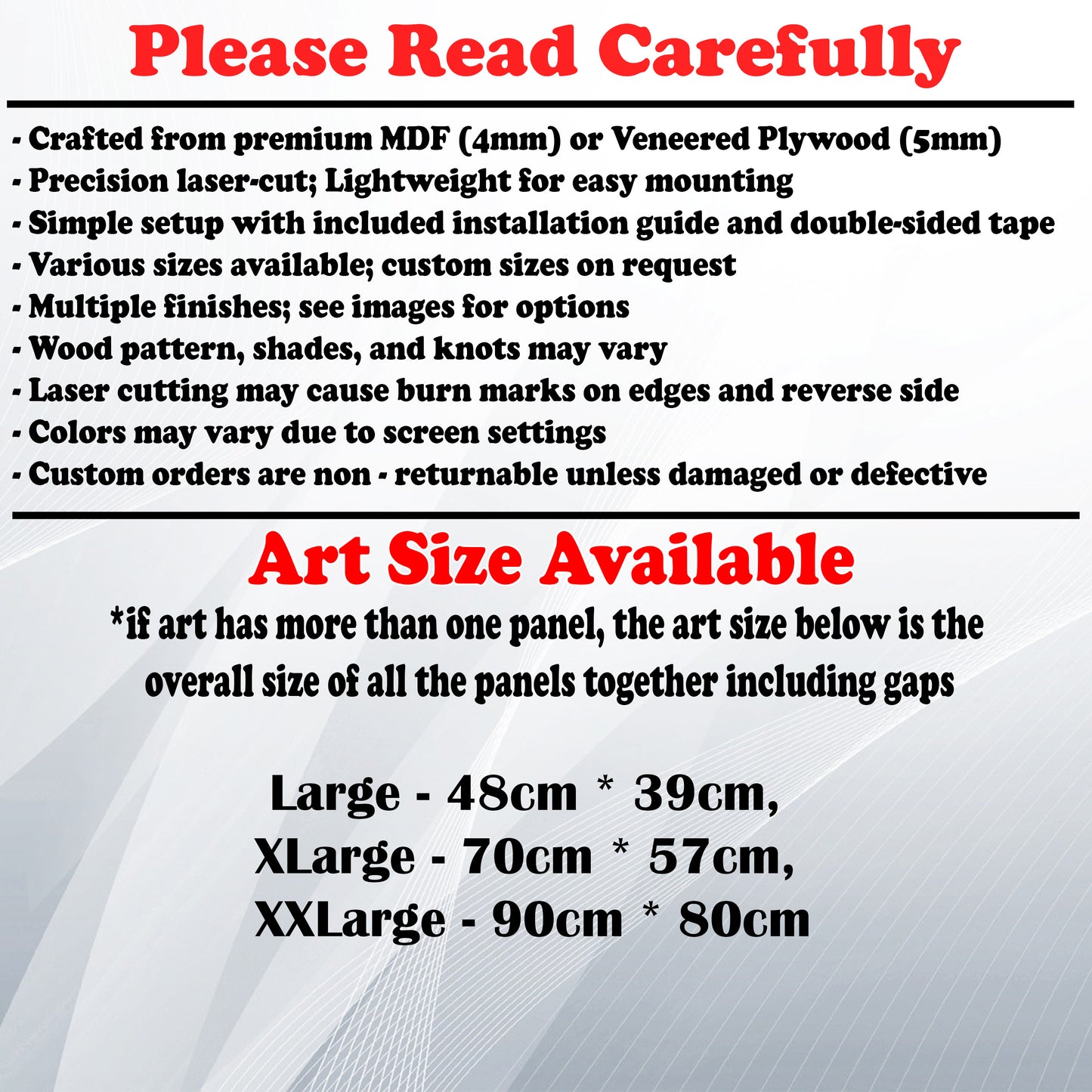 Wooden Art Size Guide and art details, Material, finish options, fittings.