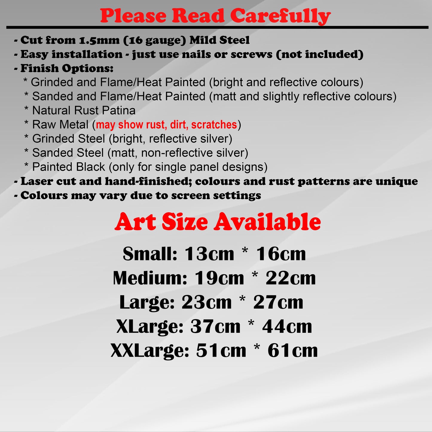 Duke Craft - Metal Garden Art Size Guide and art details, Material, finish options, fittings explained.