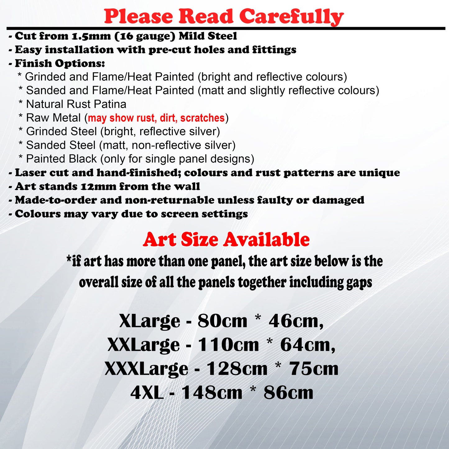Metal Art Size Guide and art details like Material, finish options, fittings