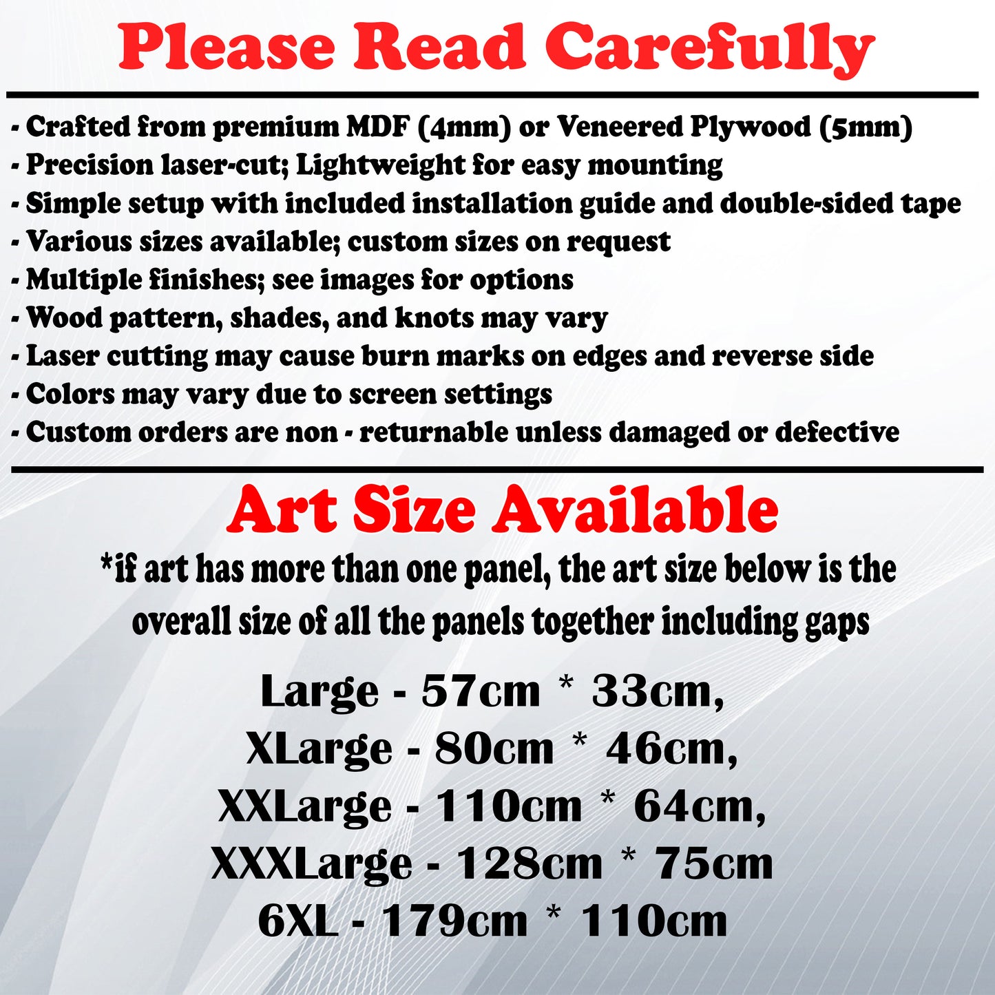 Wooden Art Size Guide and art details, Material, finish options, fittings.