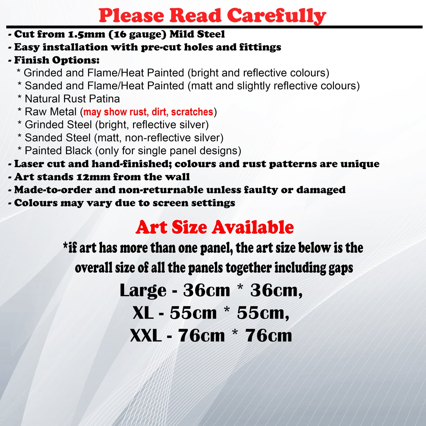 Metal Art Size Guide and art details like Material, finish options, fittings