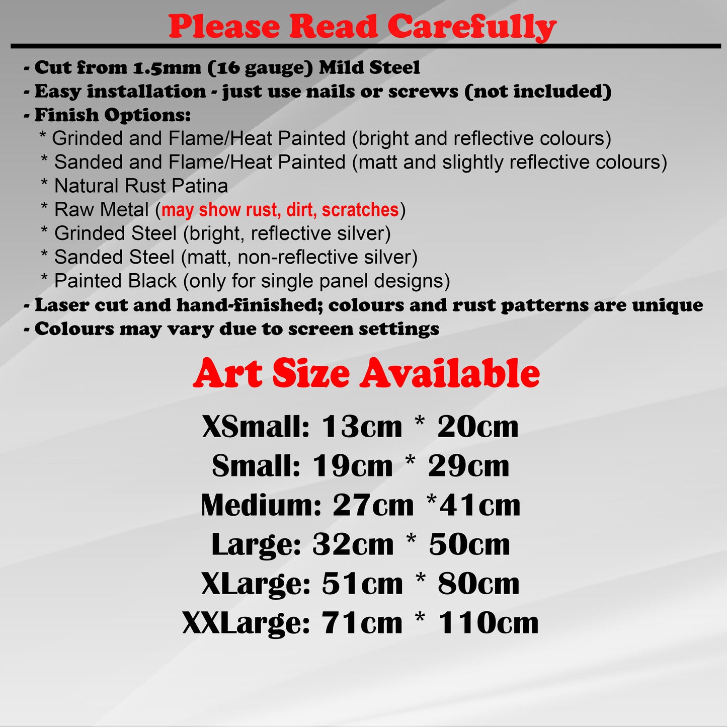 Duke Craft - Metal Garden Art Size Guide and art details, Material, finish options, fittings explained.