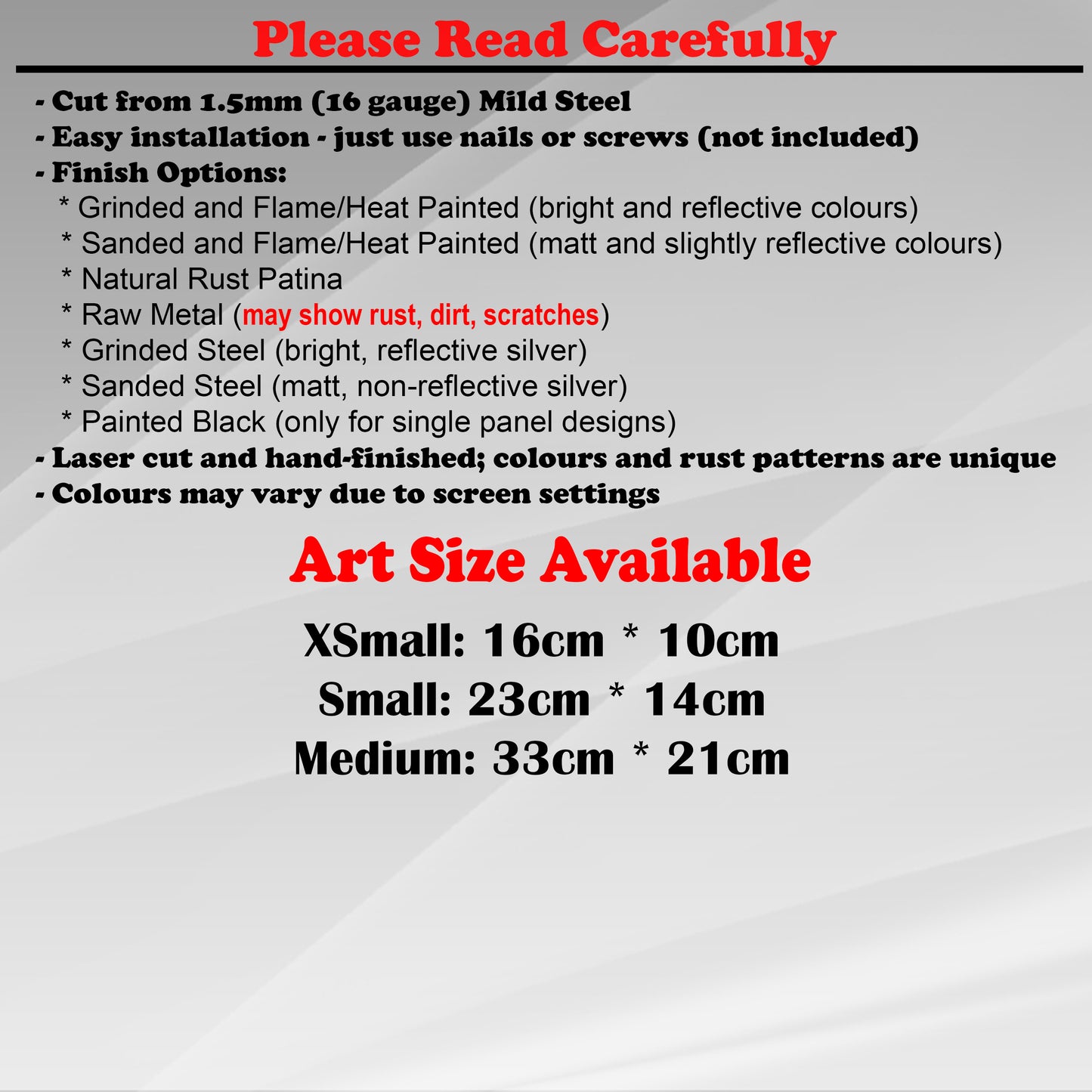 Duke Craft - Metal Garden Art Size Guide and art details, Material, finish options, fittings explained.