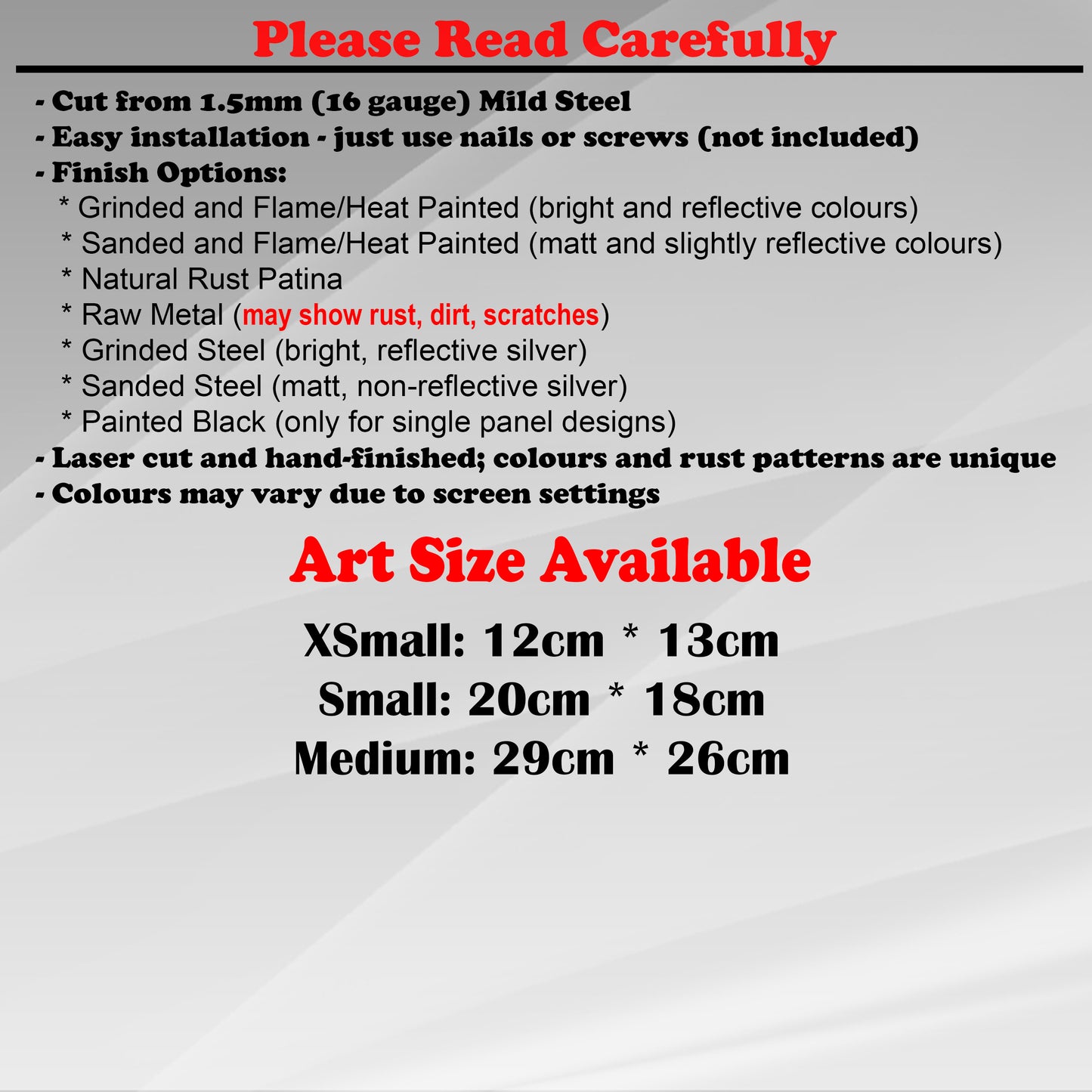 Duke Craft - Metal Garden Art Size Guide and art details, Material, finish options, fittings explained.