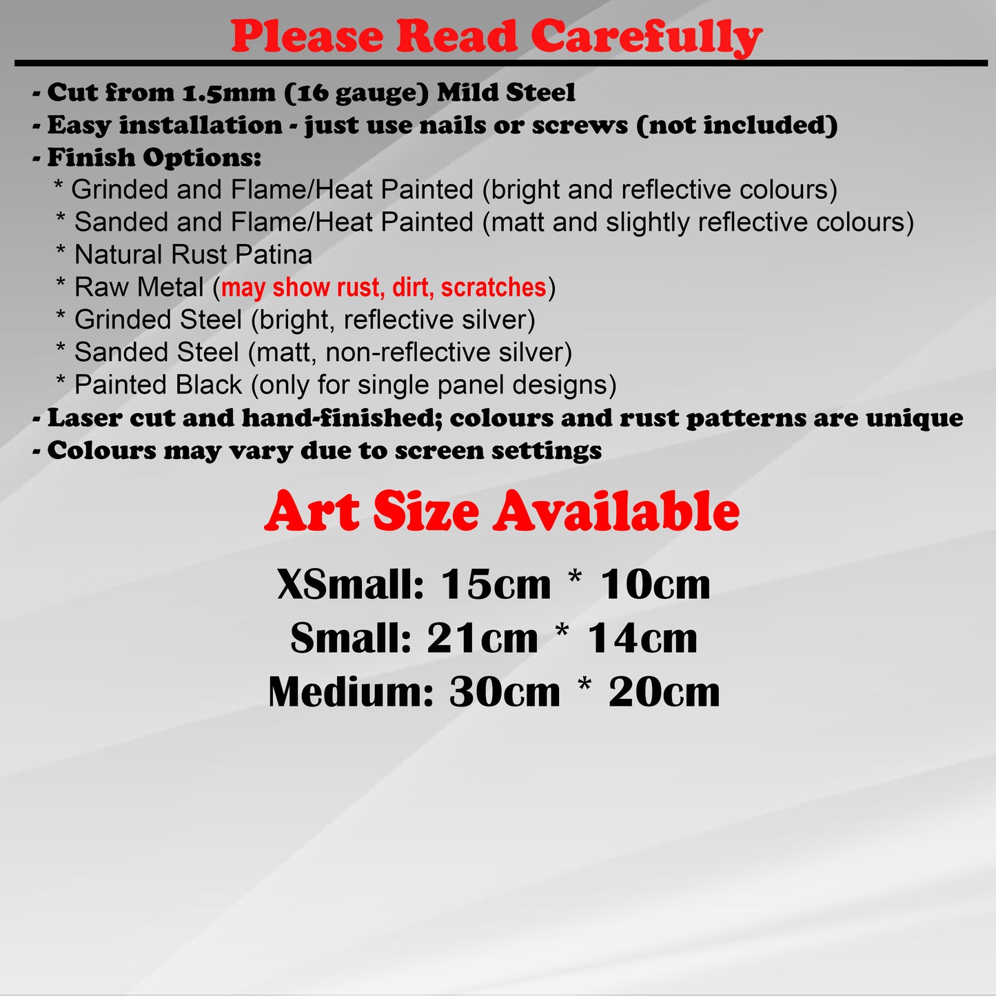 Duke Craft - Metal Garden Art Size Guide and art details, Material, finish options, fittings explained.