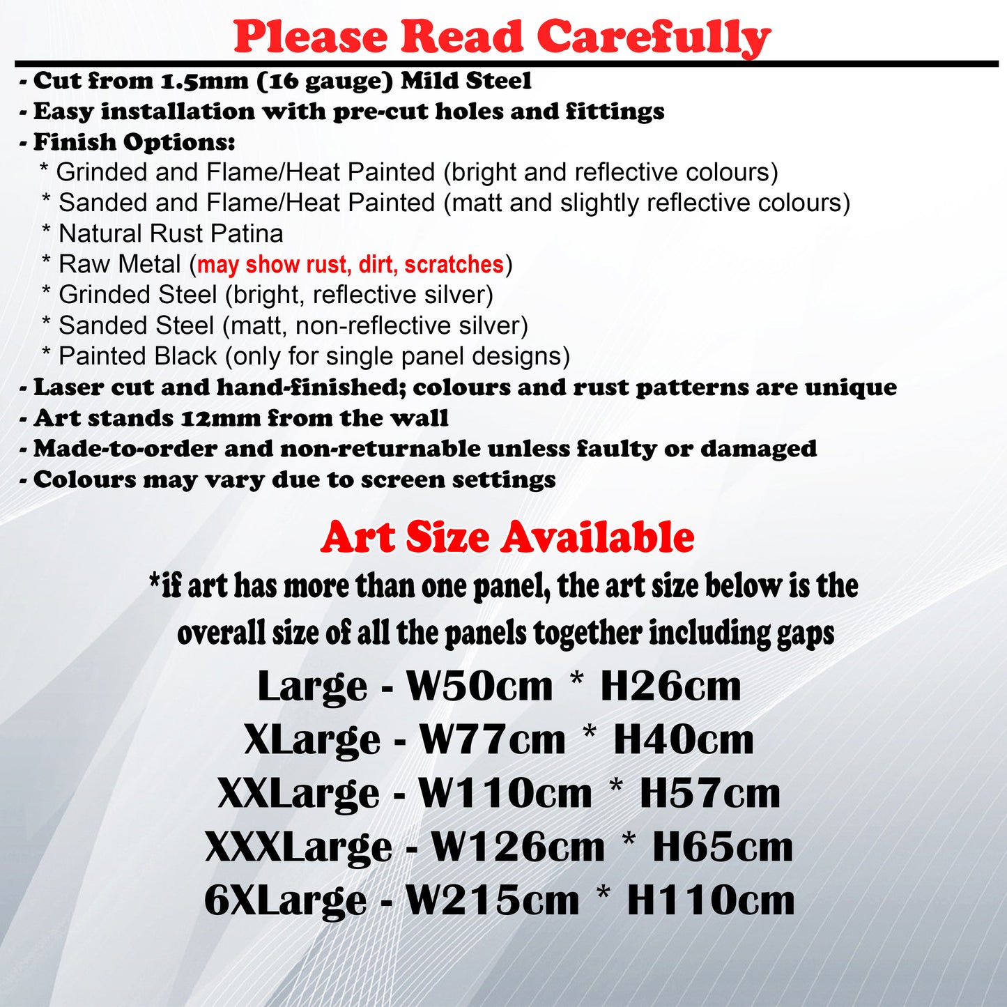Metal Art Size Guide and art details like Material, finish options, fittings