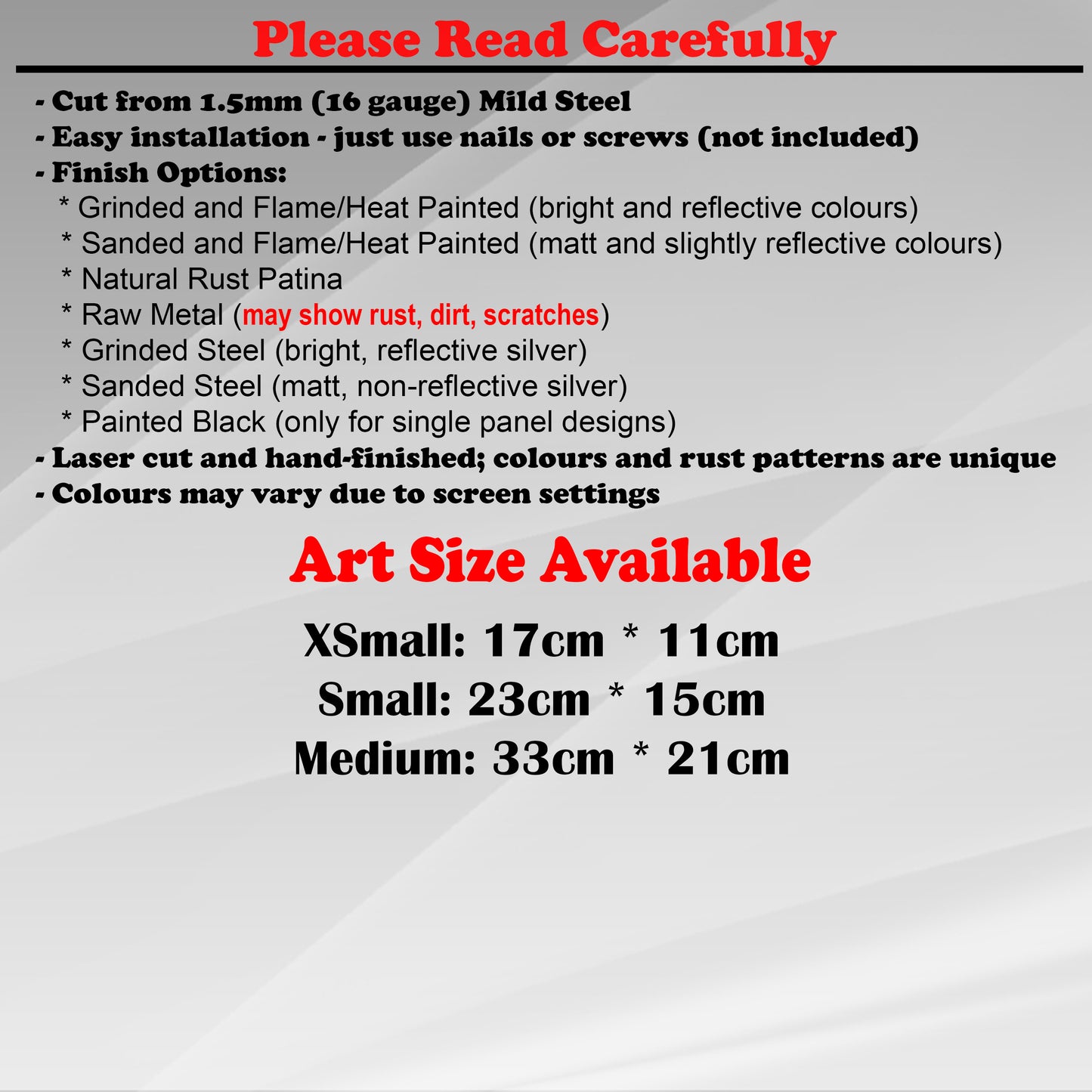 Duke Craft - Metal Garden Art Size Guide and art details, Material, finish options, fittings explained.