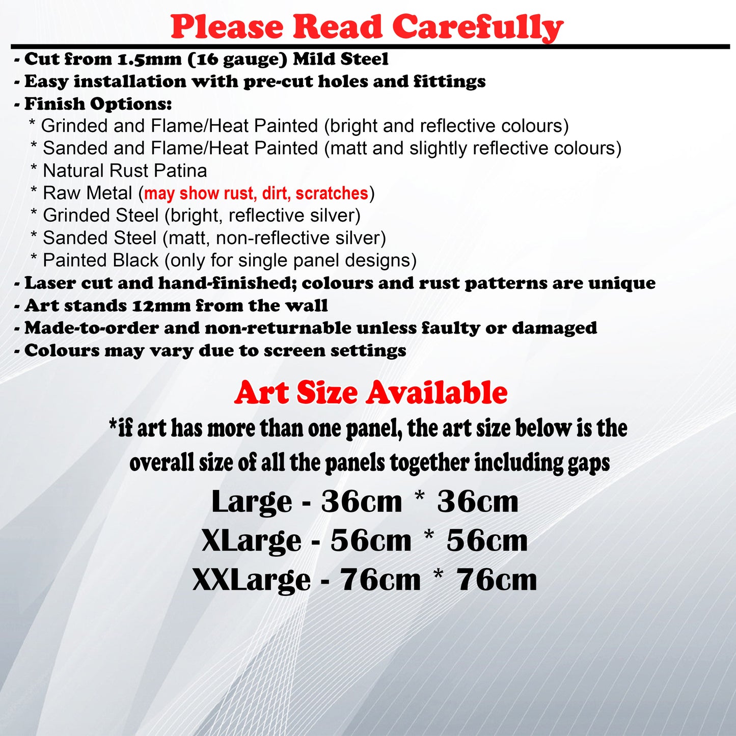Metal Art Size Guide and art details like Material, finish options, fittings