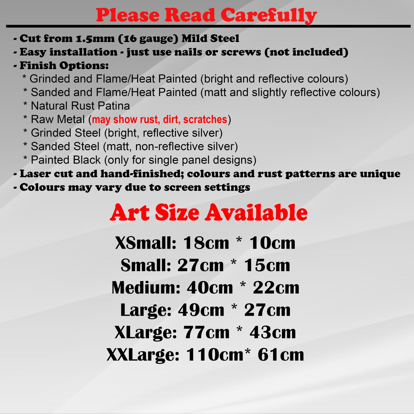 Duke Craft - Metal Garden Art Size Guide and art details, Material, finish options, fittings explained.