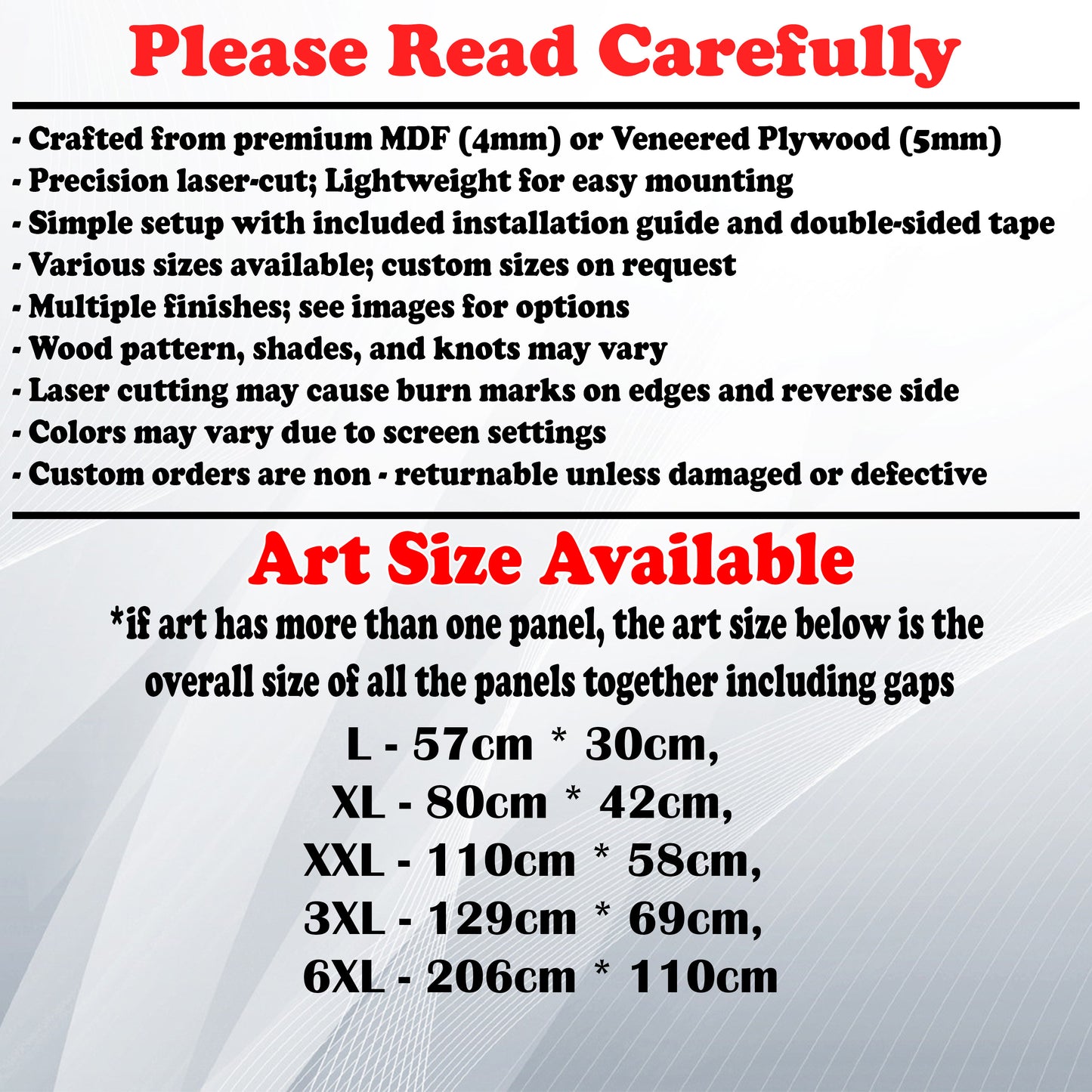 Wooden Art Size Guide and art details, Material, finish options, fittings.