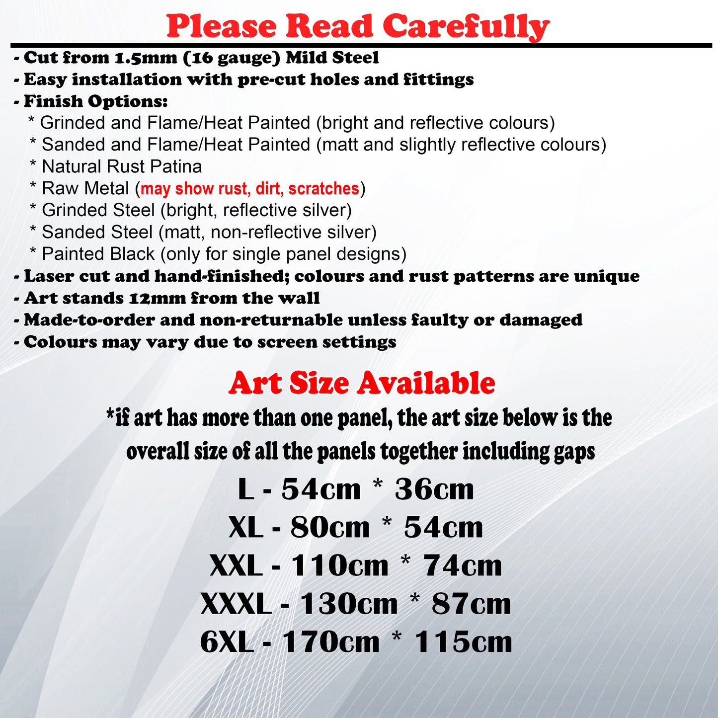 Metal Art Size Guide and art details like Material, finish options, fittings