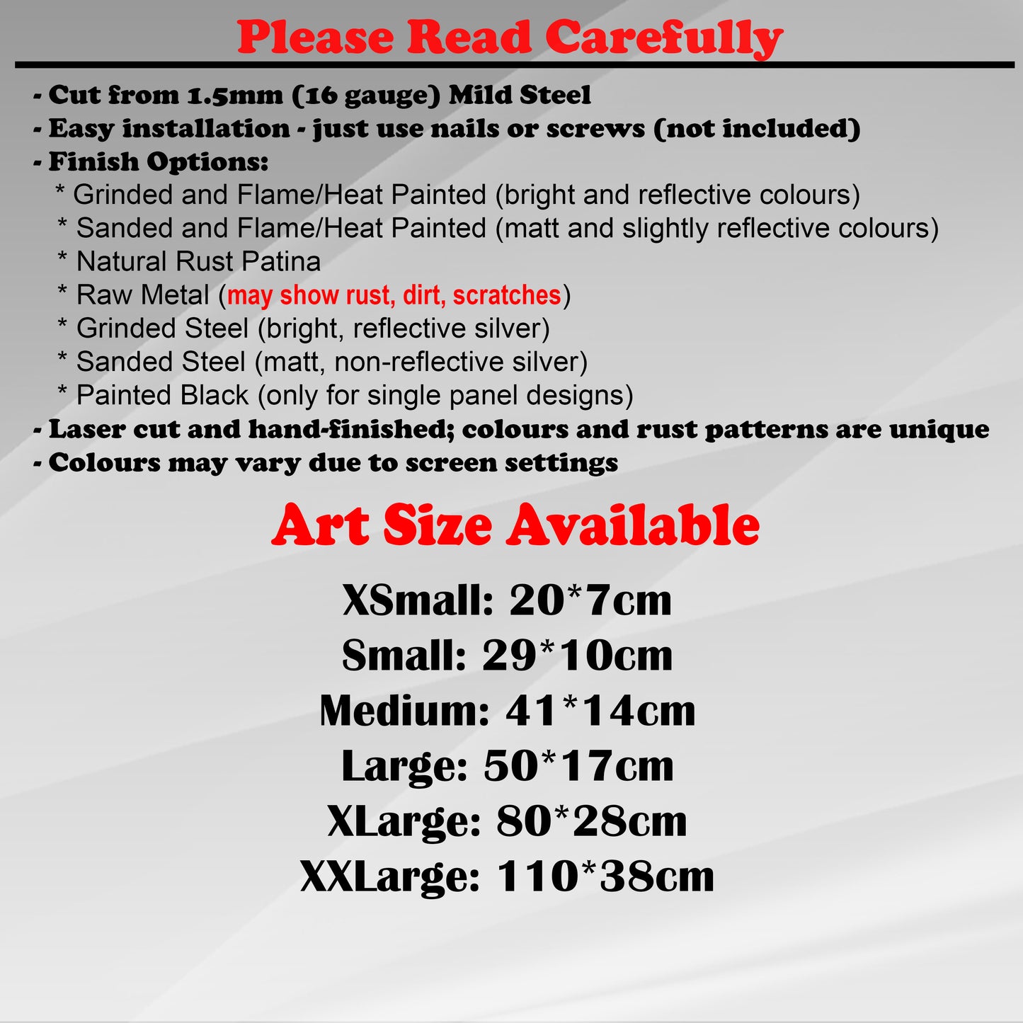Duke Craft - Metal Garden Art Size Guide and art details, Material, finish options, fittings explained.