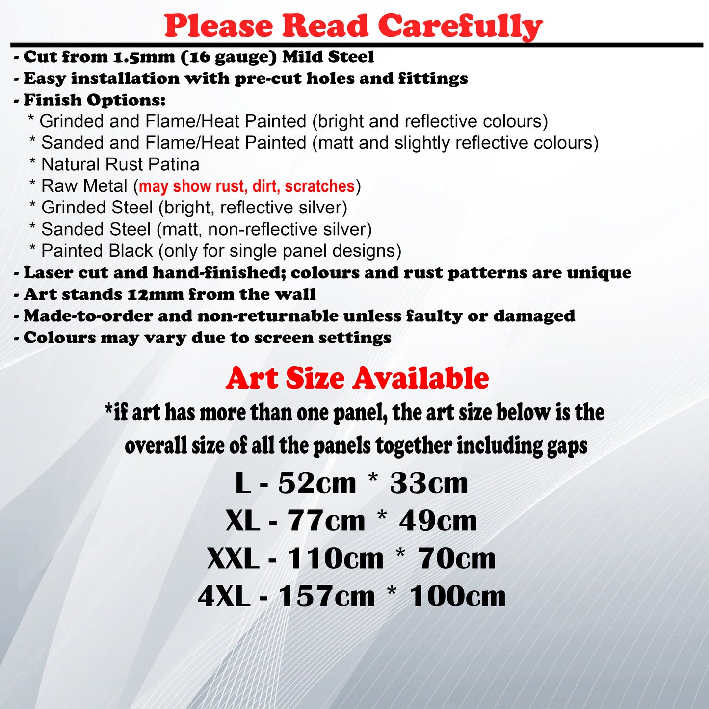 Metal Art Size Guide and art details like Material, finish options, fittings
