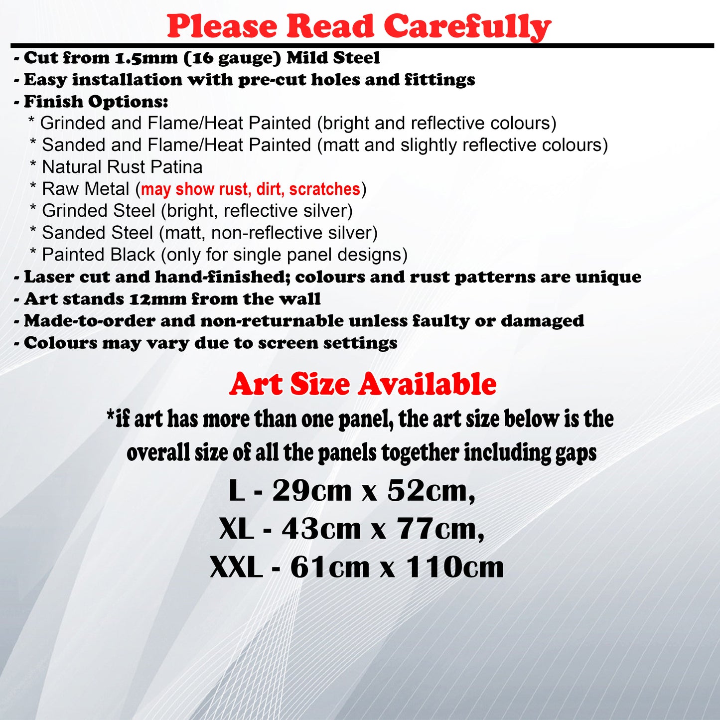 Metal Art Size Guide and art details like Material, finish options, fittings