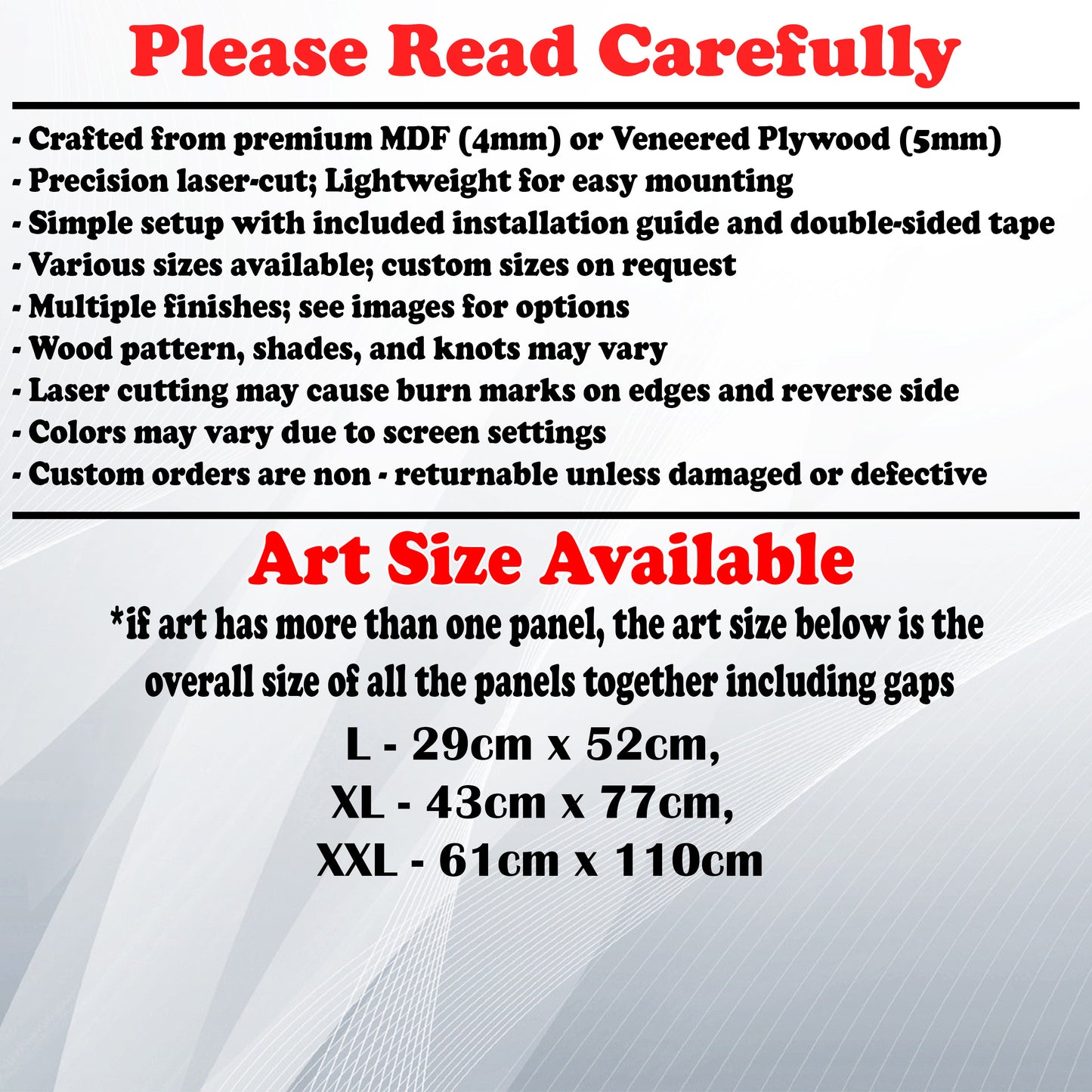 Wooden Art Size Guide and art details, Material, finish options, fittings.