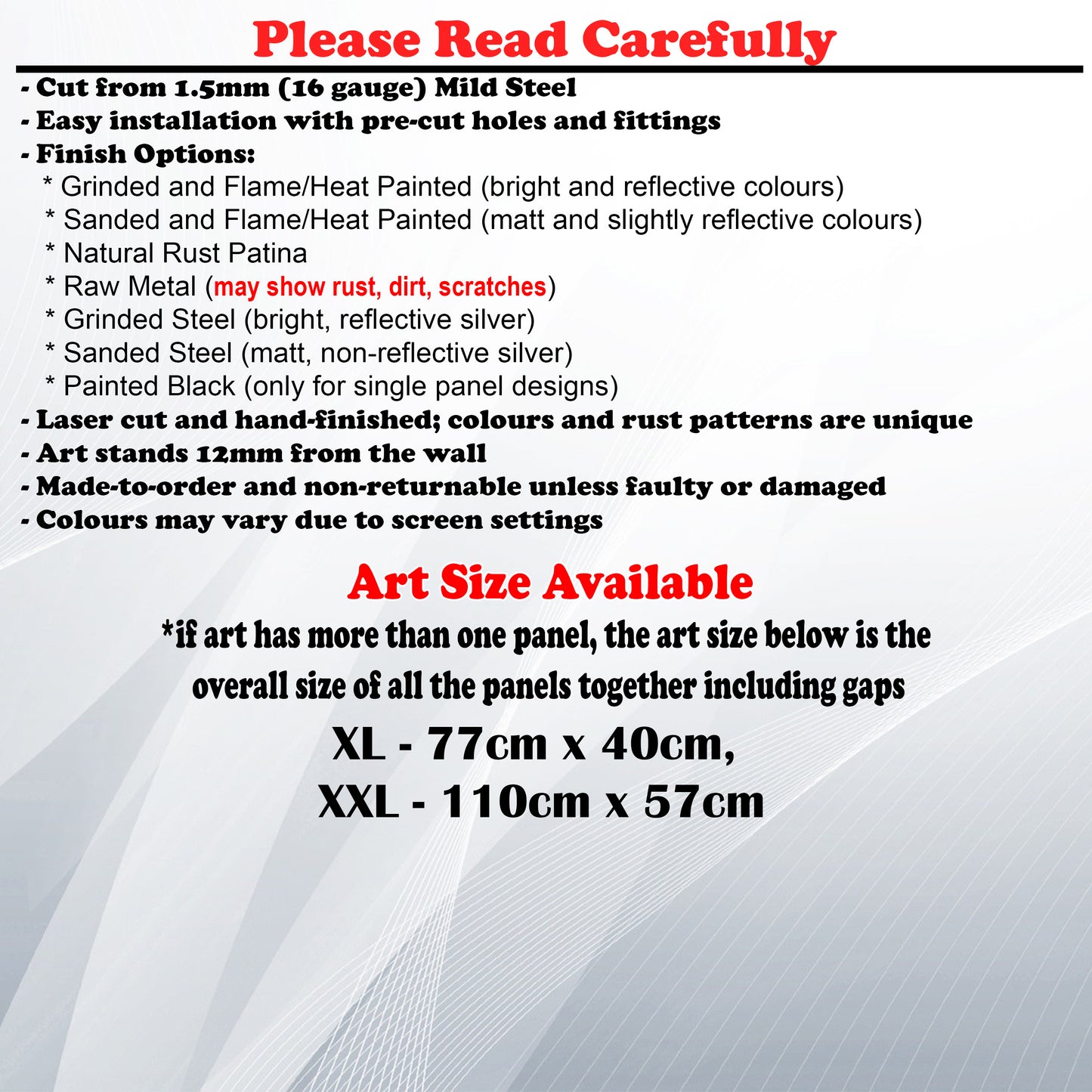 Metal Art Size Guide and art details like Material, finish options, fittings