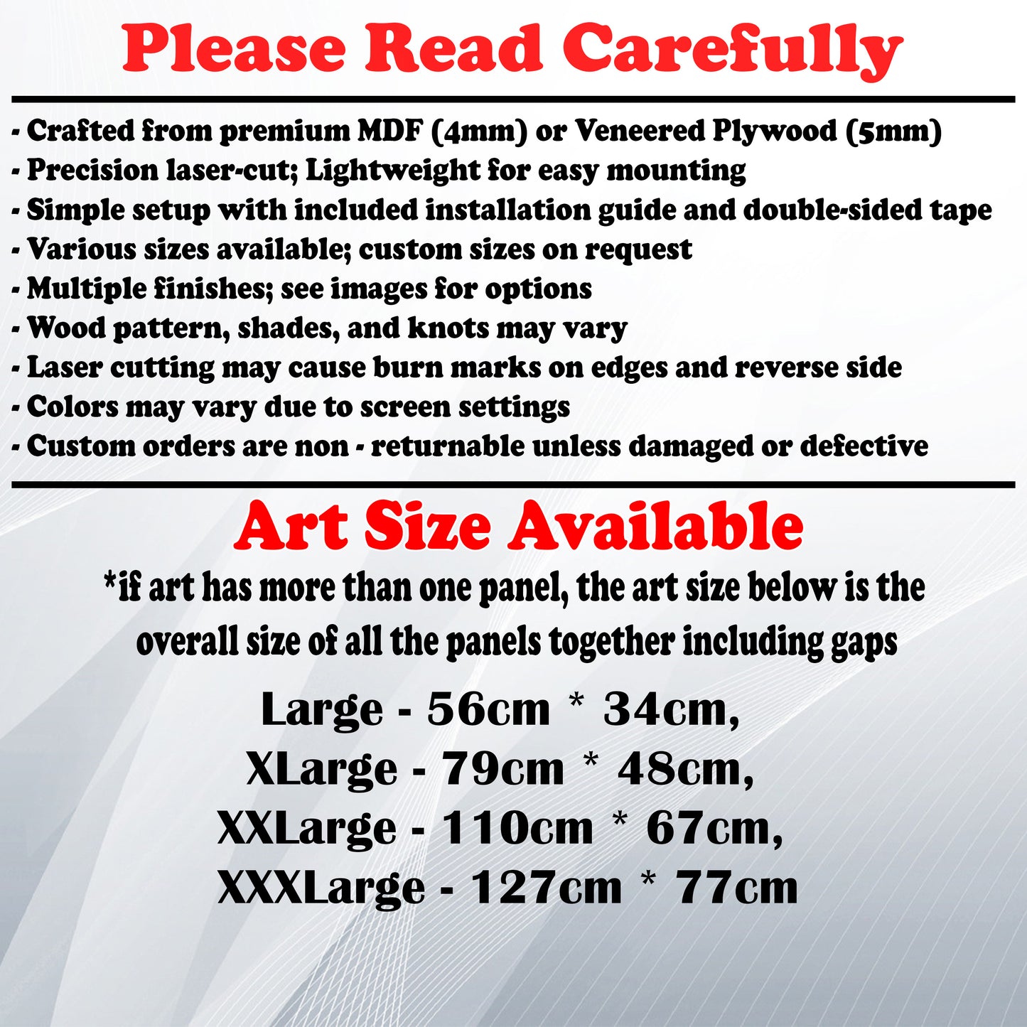 Wooden Art Size Guide and art details, Material, finish options, fittings.