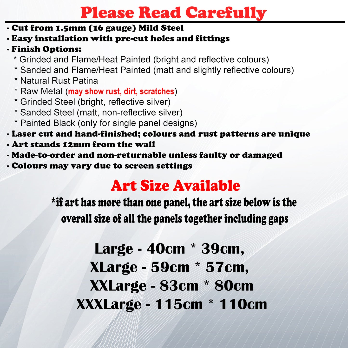 Metal Art Size Guide and art details like Material, finish options, fittings
