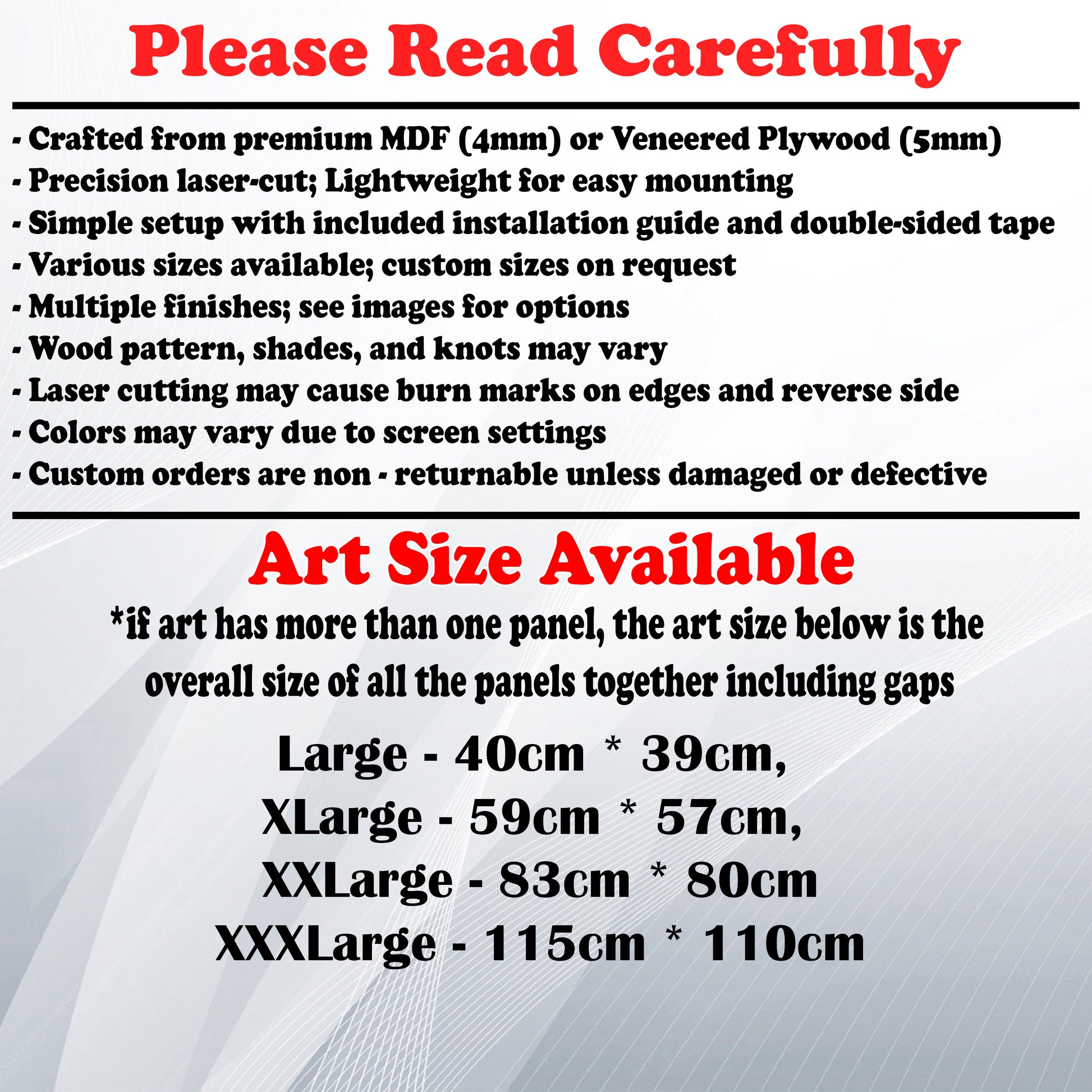 Wooden Art Size Guide and art details, Material, finish options, fittings.