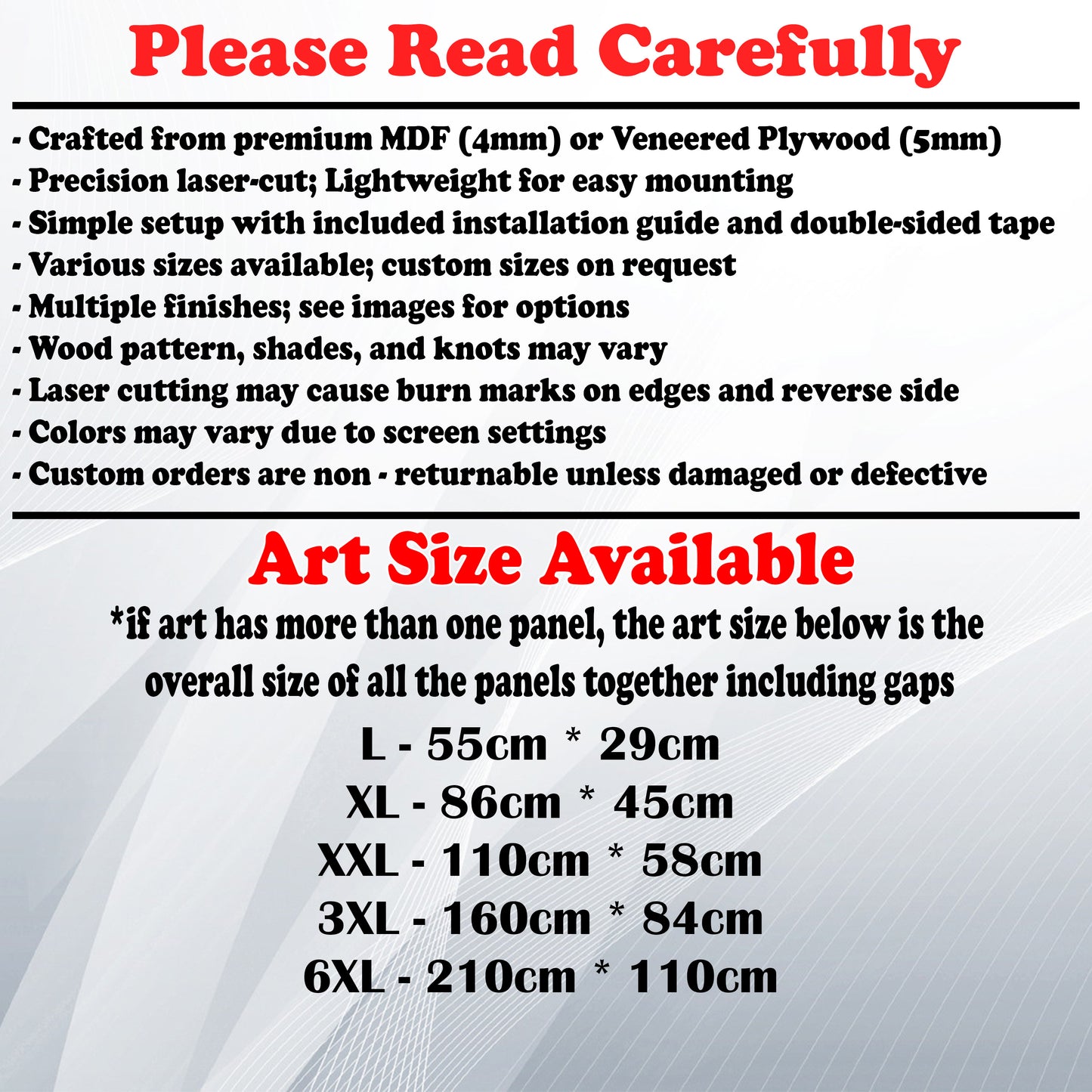 Wooden Art Size Guide and art details, Material, finish options, fittings.