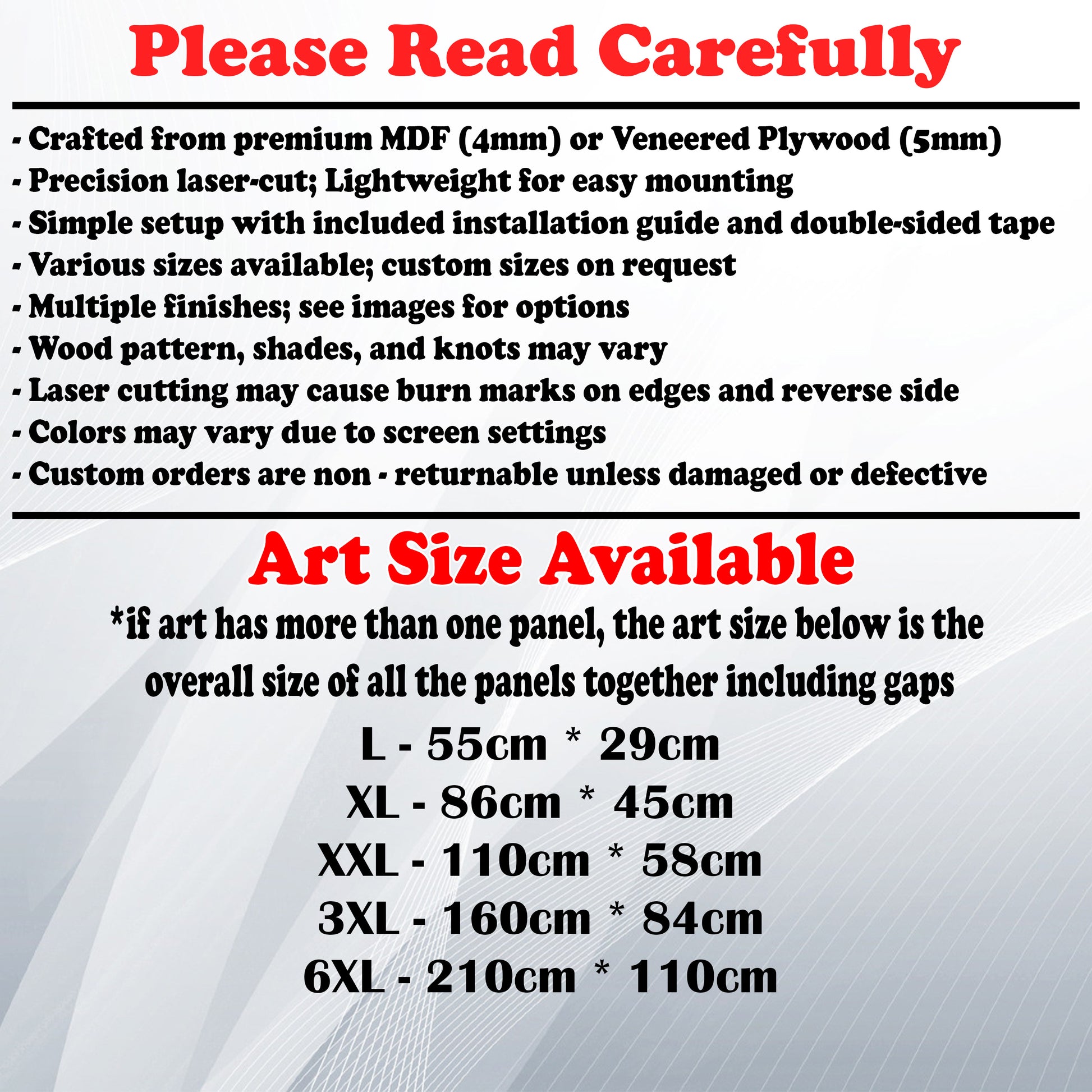 Wooden Art Size Guide and art details, Material, finish options, fittings.