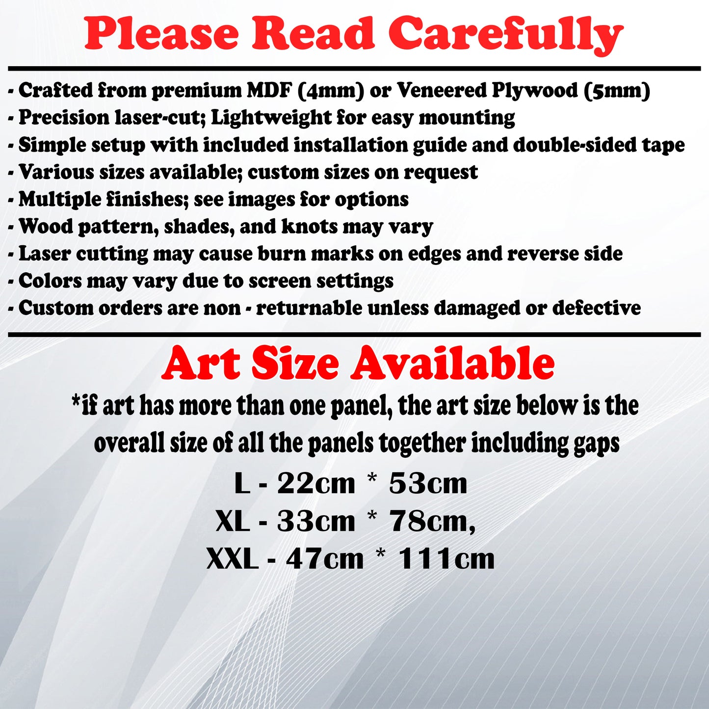 Wooden Art Size Guide and art details, Material, finish options, fittings.