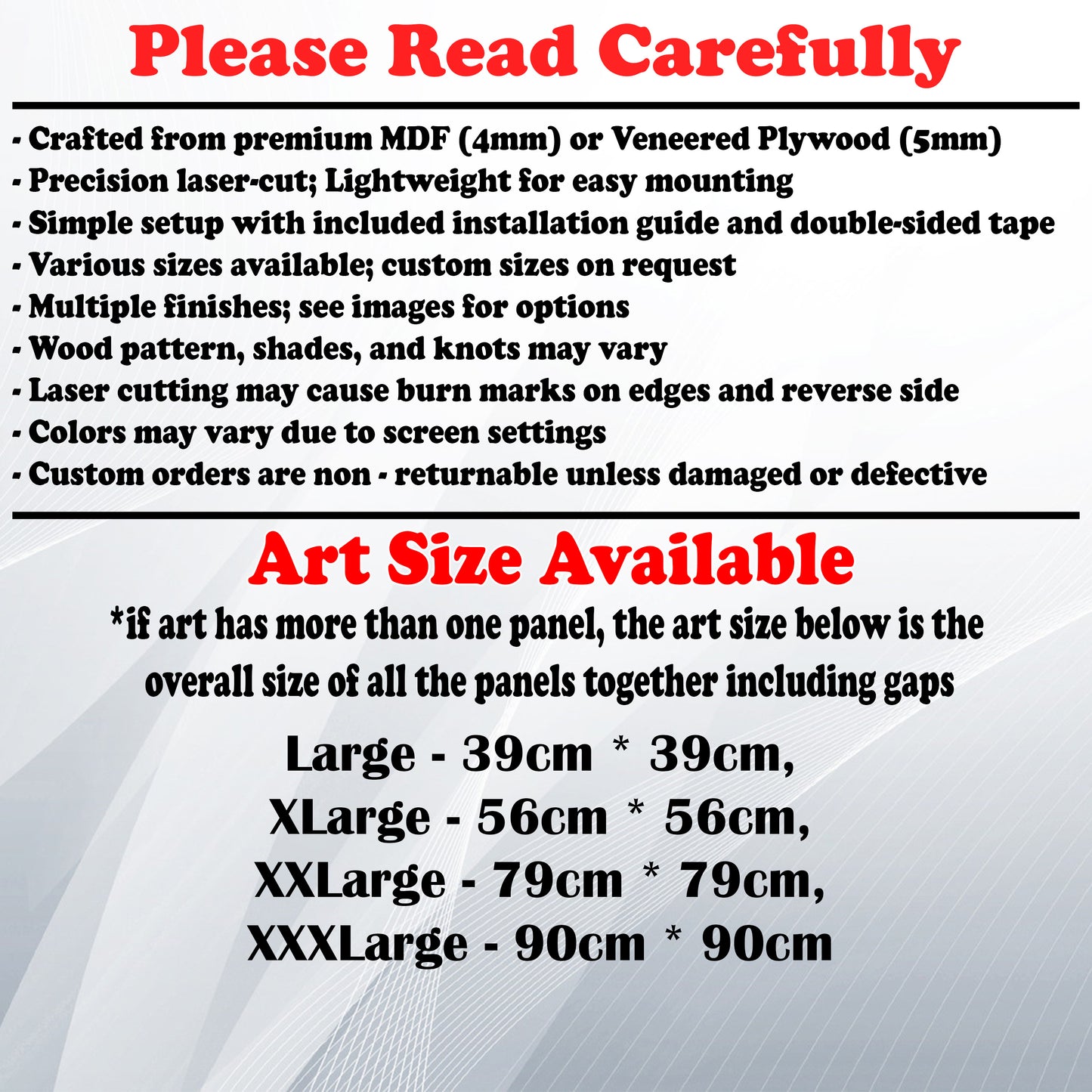Wooden Art Size Guide and art details, Material, finish options, fittings.