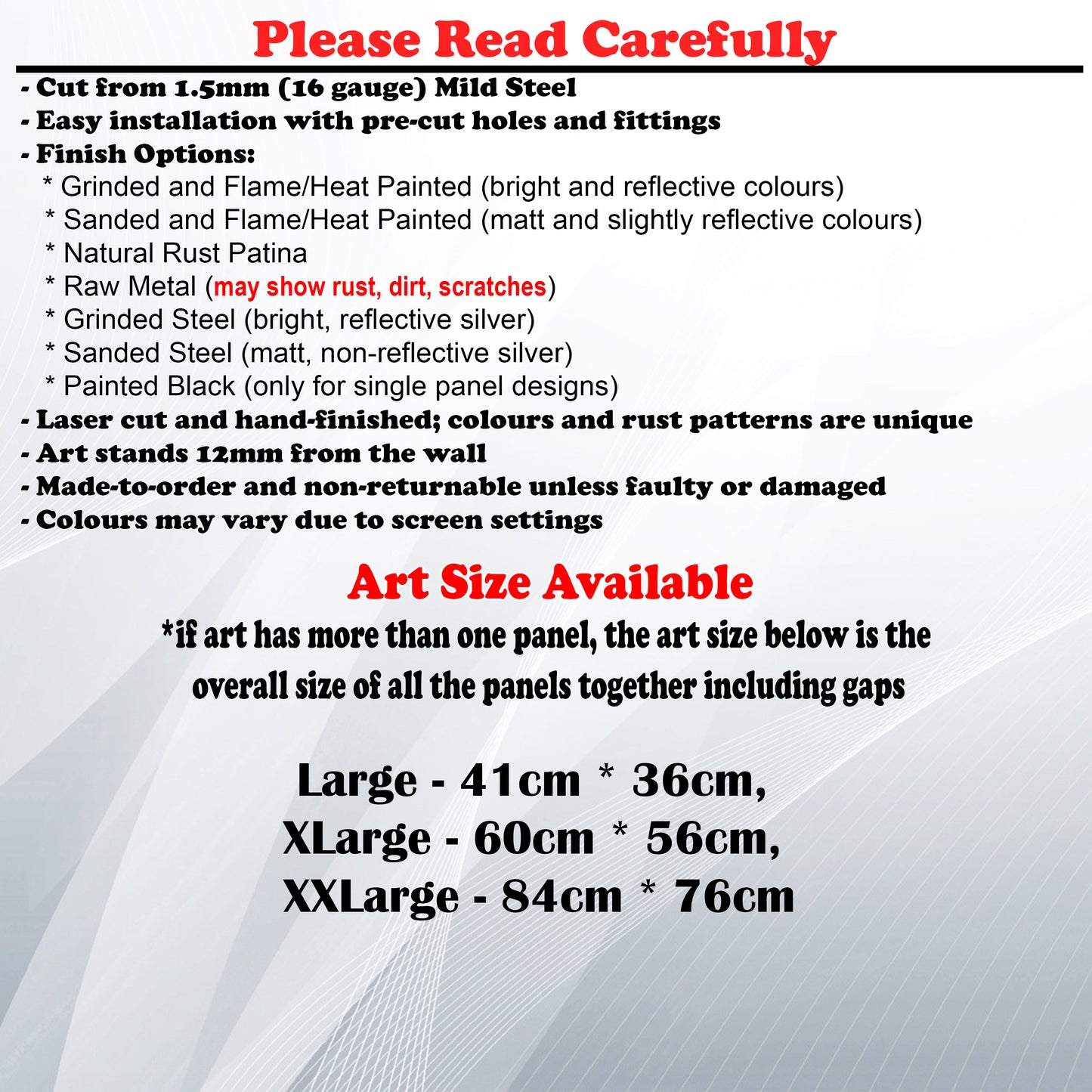 Metal Art Size Guide and art details like Material, finish options, fittings