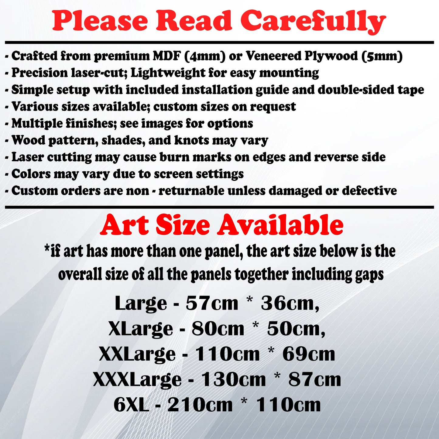 Wooden Art Size Guide and art details, Material, finish options, fittings.