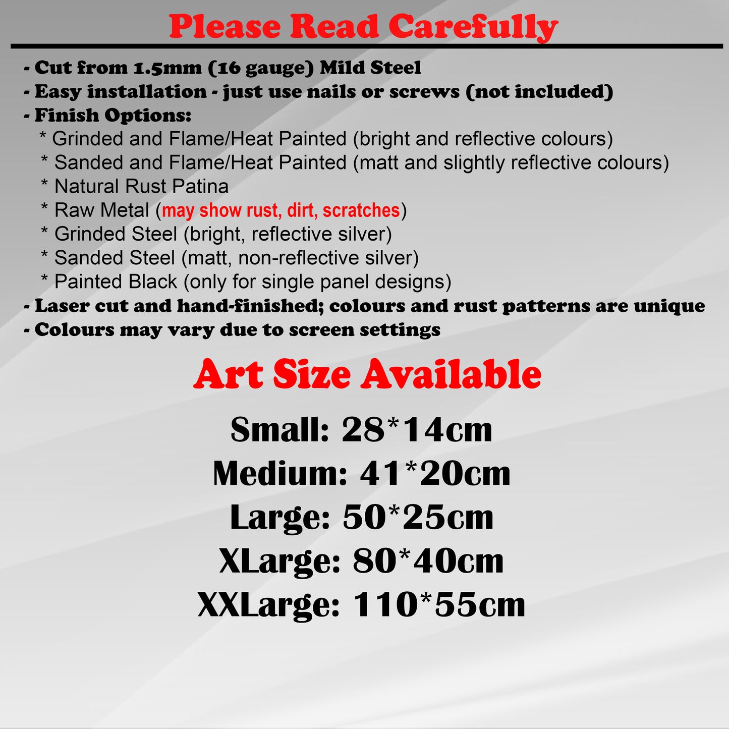 Duke Craft - Metal Garden Art Size Guide and art details, Material, finish options, fittings explained.