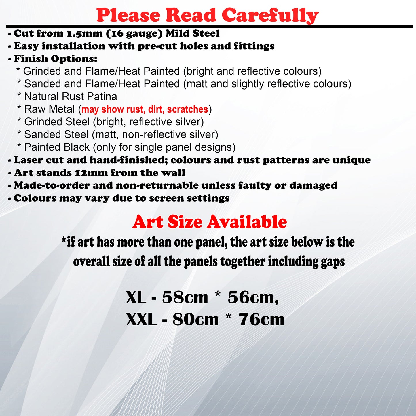 Metal Art Size Guide and art details like Material, finish options, fittings