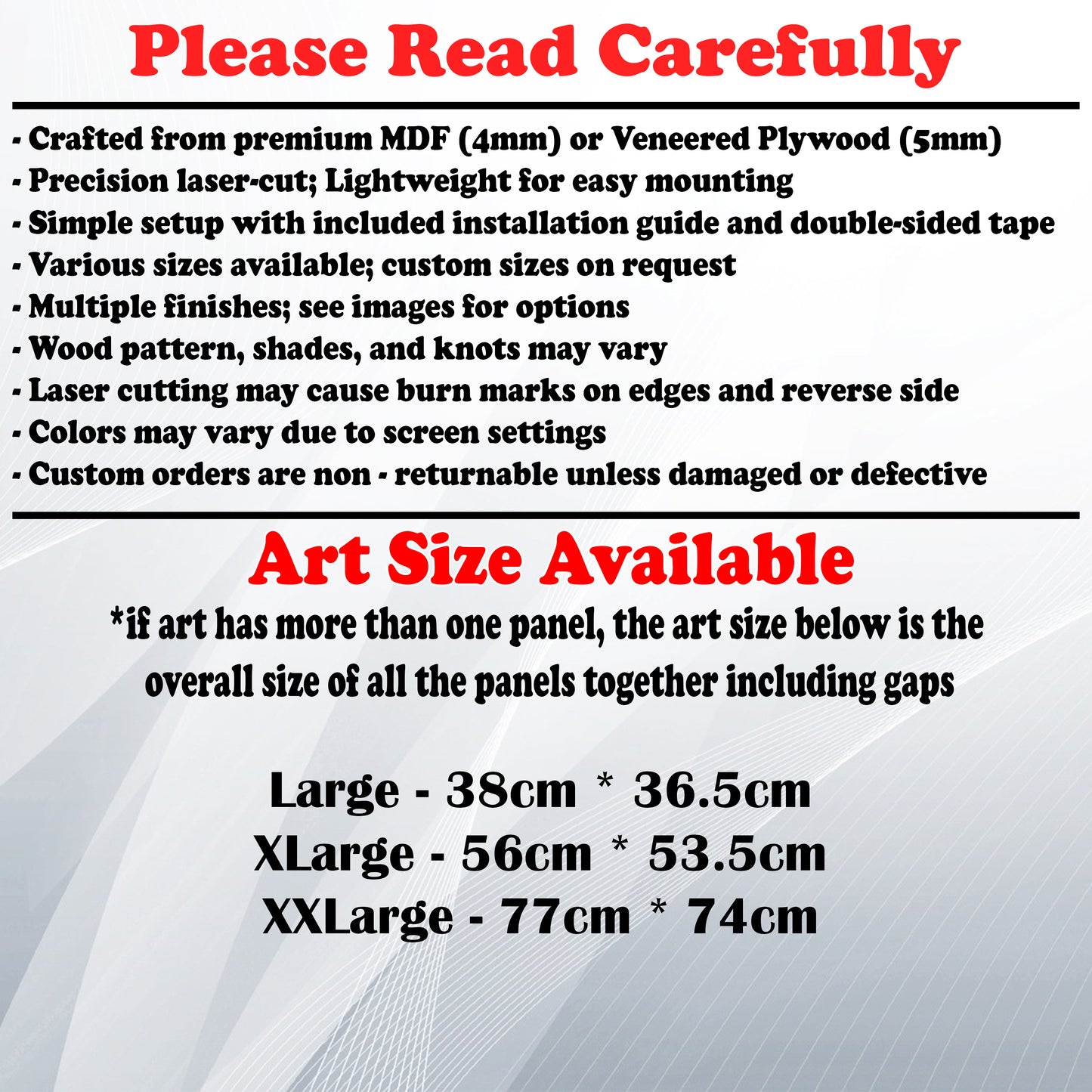 Wooden Art Size Guide and art details, Material, finish options, fittings.