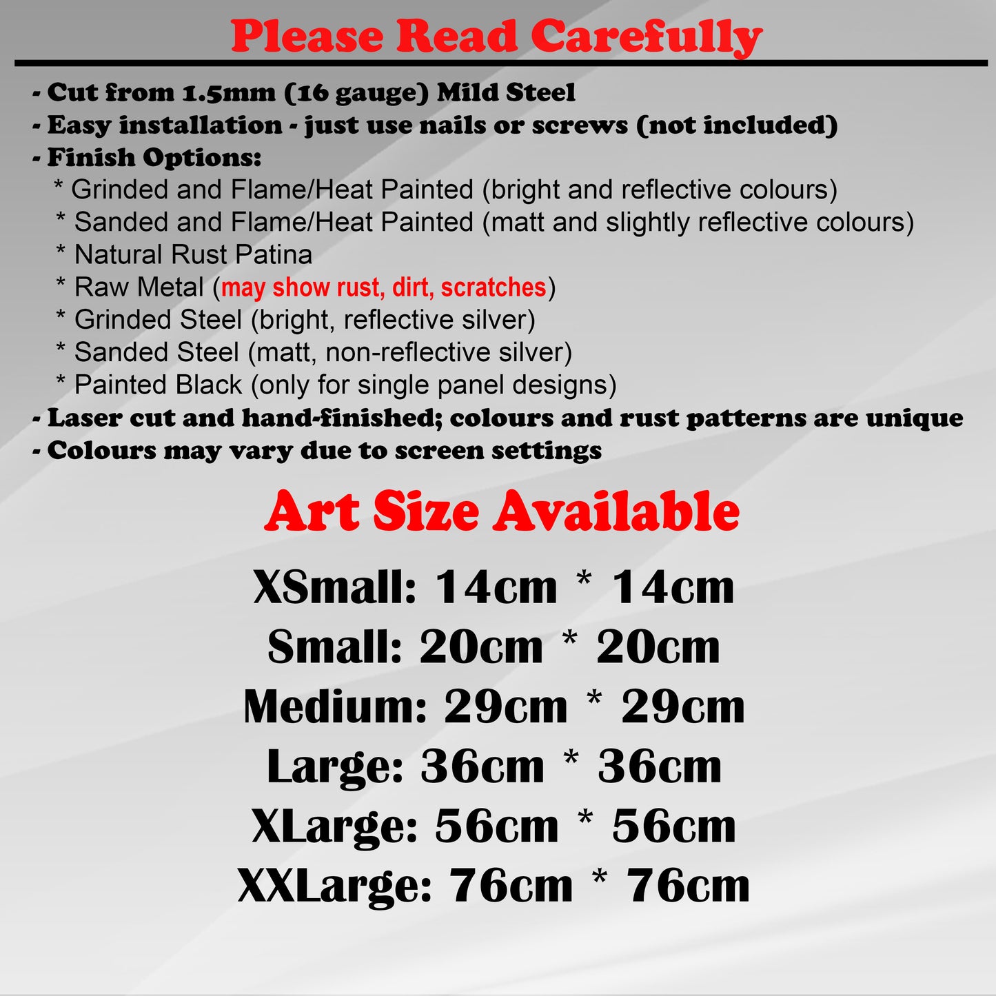 Duke Craft - Metal Garden Art Size Guide and art details, Material, finish options, fittings explained.