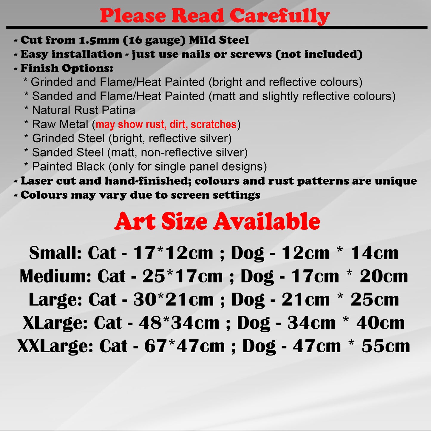 Duke Craft - Metal Garden Art Size Guide and art details, Material, finish options, fittings explained.