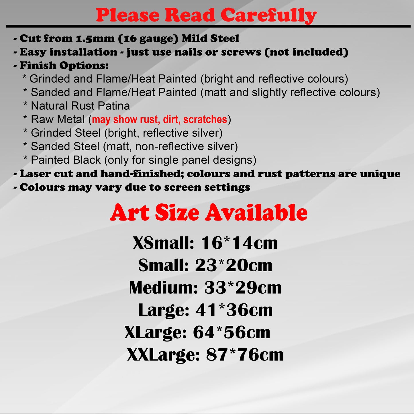 Duke Craft - Metal Garden Art Size Guide and art details, Material, finish options, fittings explained.