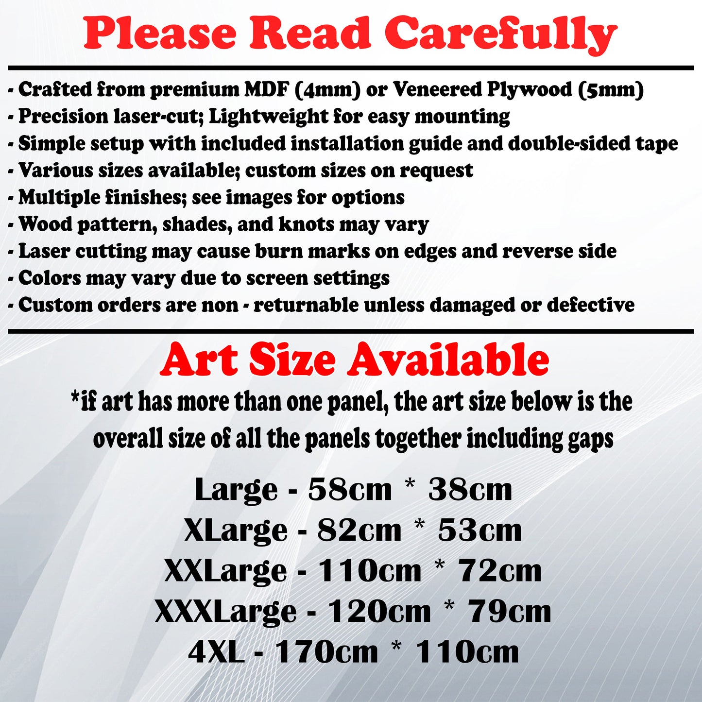 Wooden Art Size Guide and art details, Material, finish options, fittings.
