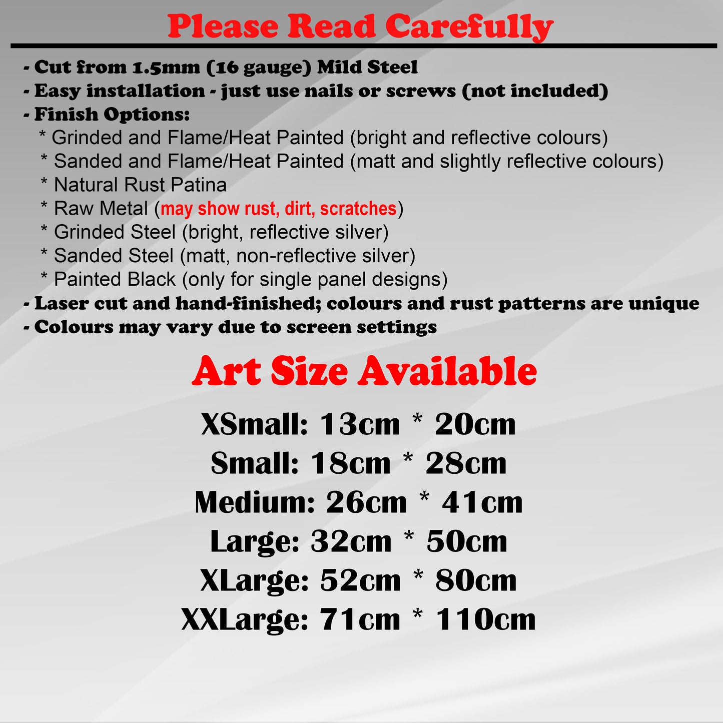 Duke Craft - Metal Garden Art Size Guide and art details, Material, finish options, fittings explained.