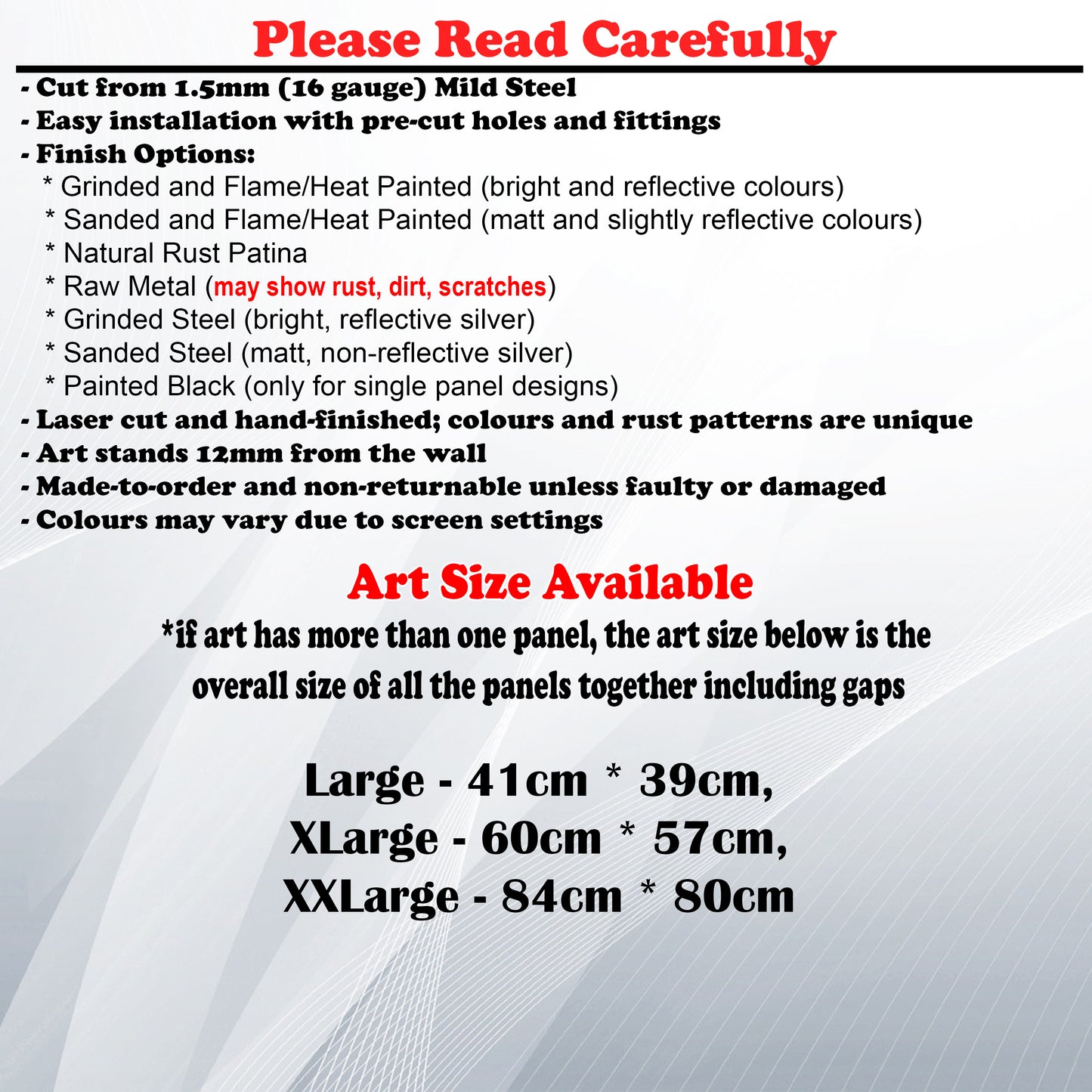 Metal Art Size Guide and art details like Material, finish options, fittings