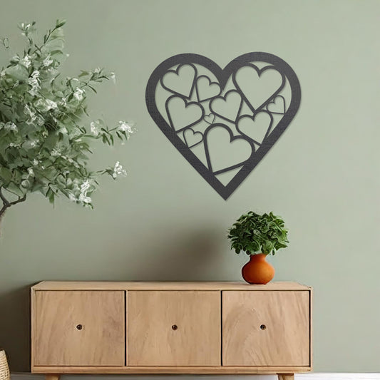 Wooden heart wall art featuring a cluster of interconnected heart shapes, placed on a neutral wall within modern room decor, highlighting its romantic and artistic design, ideal for adding charm to the space.