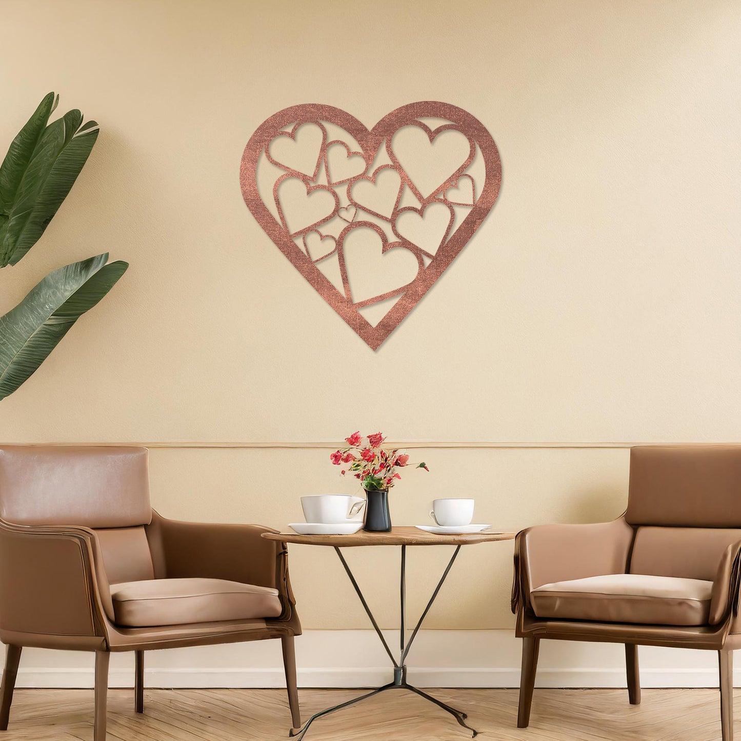 Wooden heart wall art featuring a cluster of interconnected heart shapes, placed on a neutral wall within modern room decor, highlighting its romantic and artistic design, ideal for adding charm to the space.