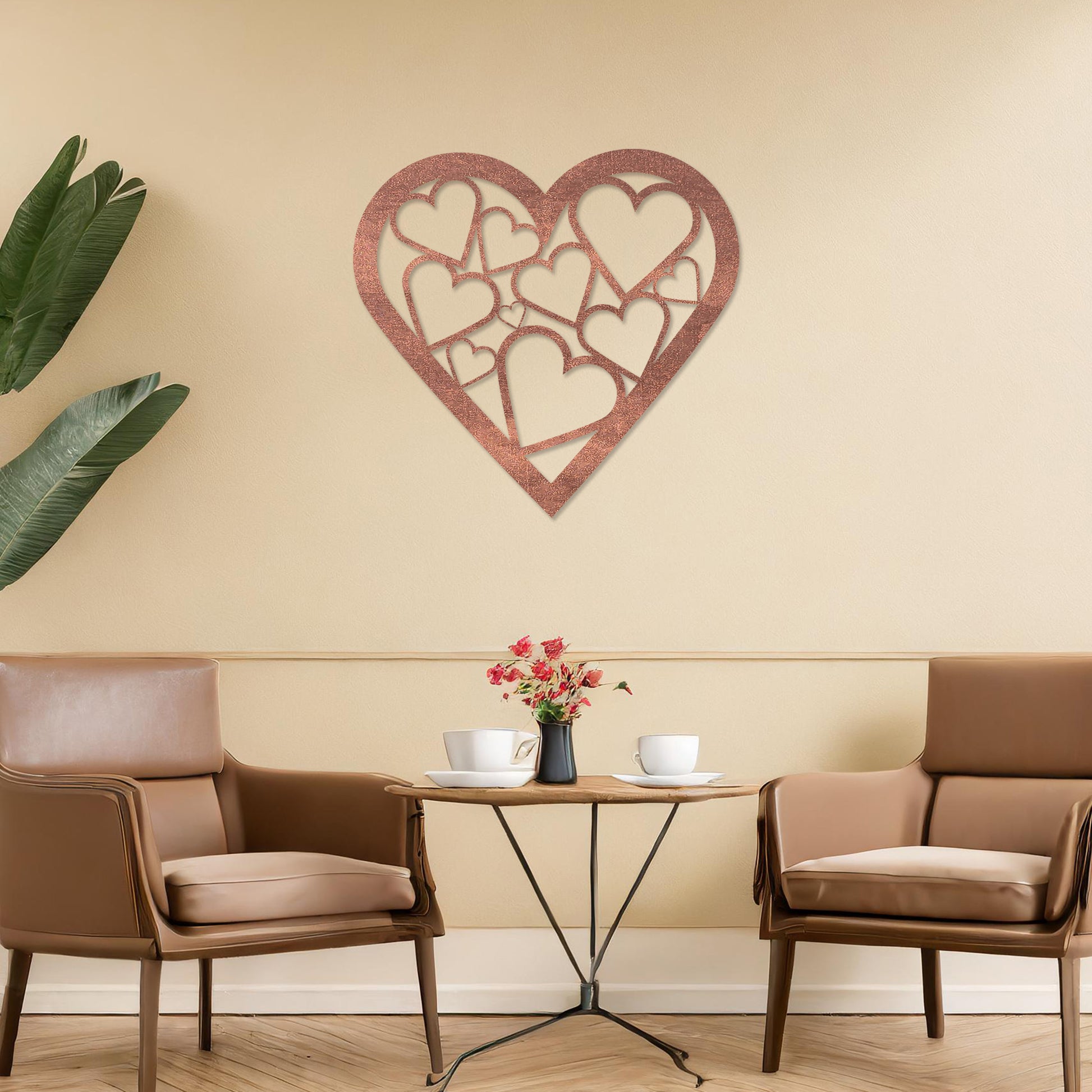 Wooden heart wall art featuring a cluster of interconnected heart shapes, placed on a neutral wall within modern room decor, highlighting its romantic and artistic design, ideal for adding charm to the space.