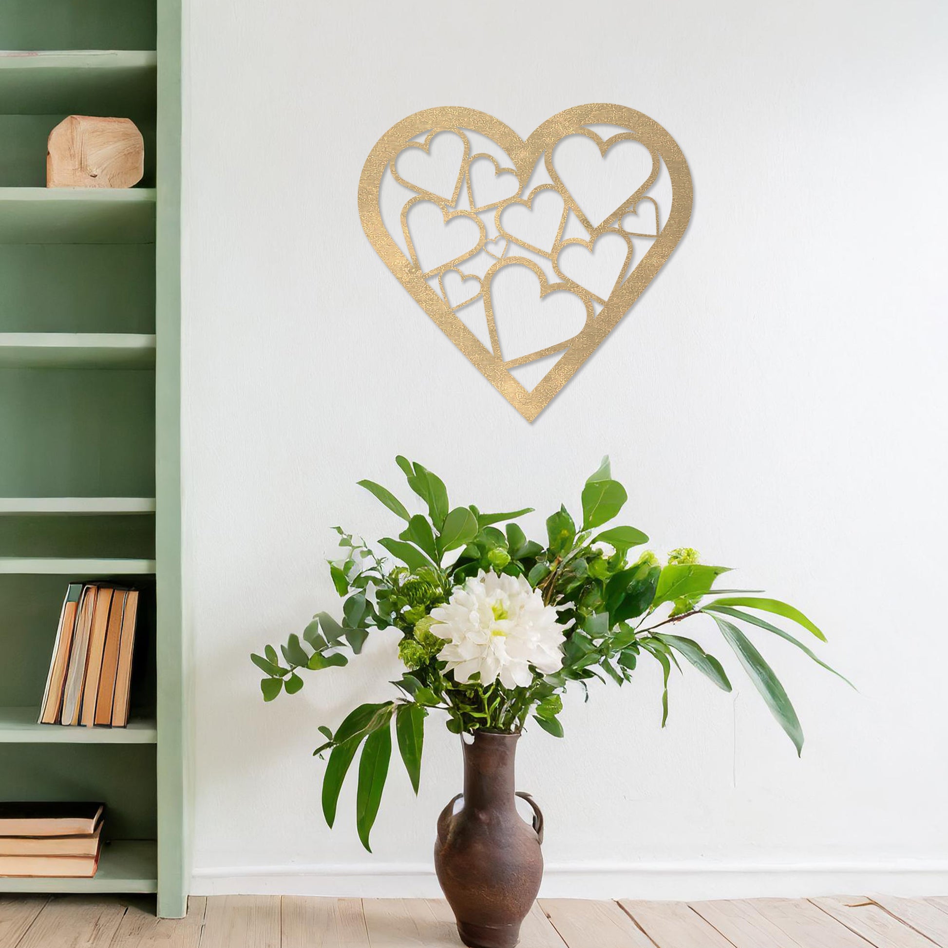 Wooden heart wall art featuring a cluster of interconnected heart shapes, placed on a neutral wall within modern room decor, highlighting its romantic and artistic design, ideal for adding charm to the space.