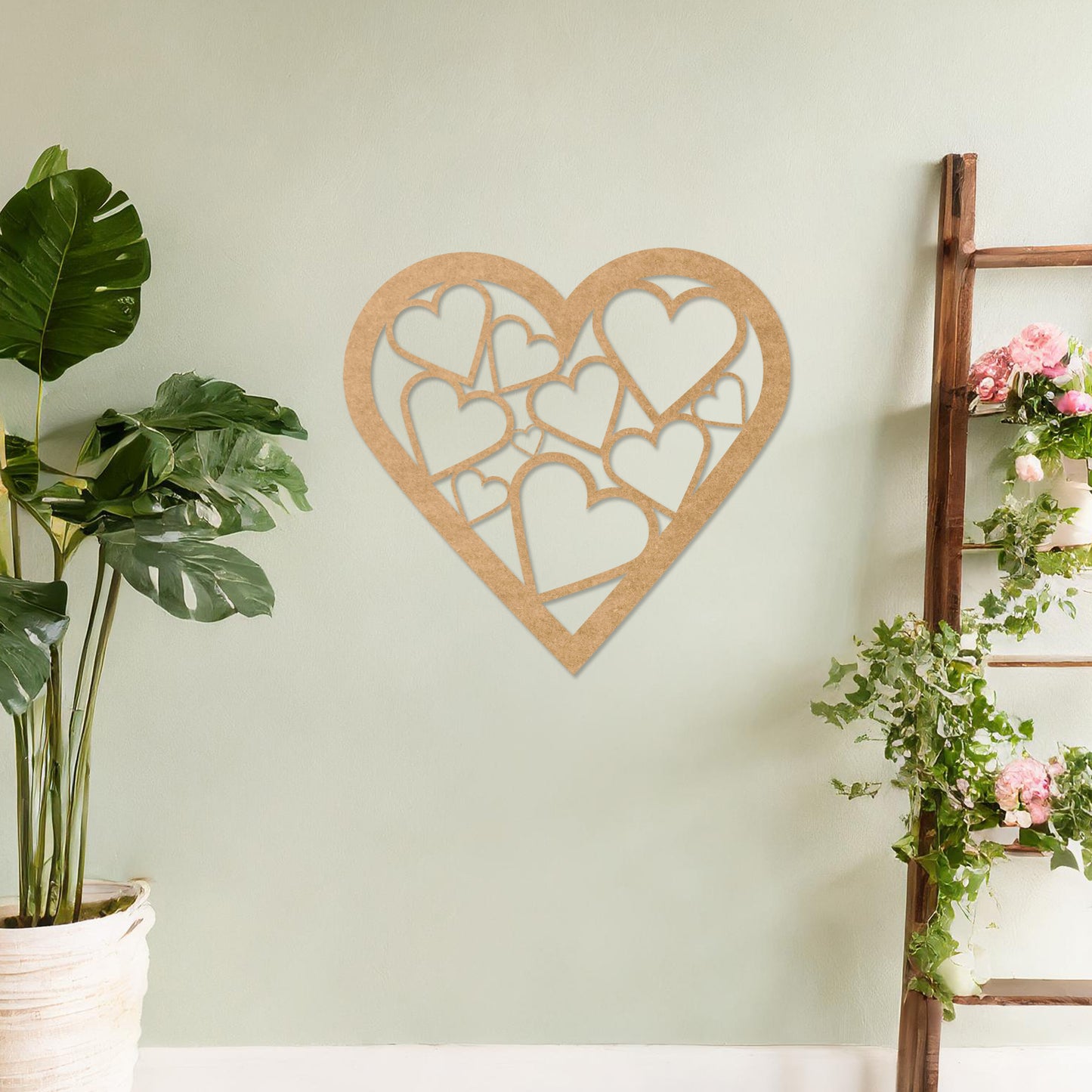 Wooden heart wall art featuring a cluster of interconnected heart shapes, placed on a neutral wall within modern room decor, highlighting its romantic and artistic design, ideal for adding charm to the space.