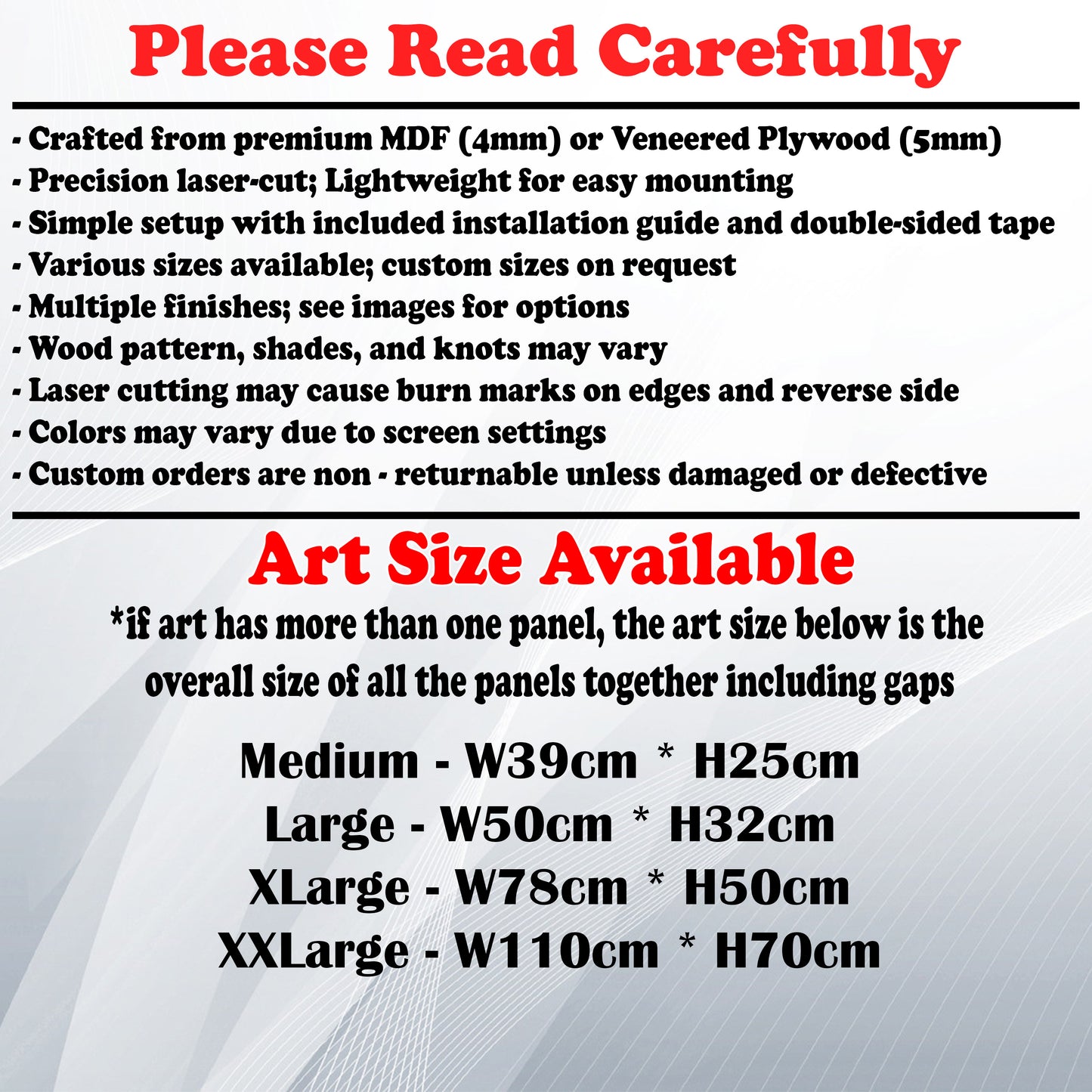Wooden Art Size Guide and art details, Material, finish options, fittings.