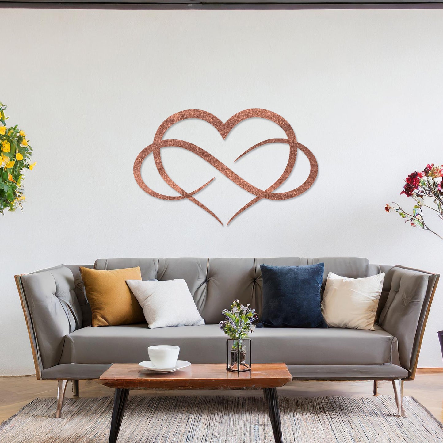 Wooden infinity heart wall art featuring a minimalist and elegant design, blending an infinity symbol seamlessly into a heart shape, displayed on a neutral wall within modern decor to add a timeless touch to the space.