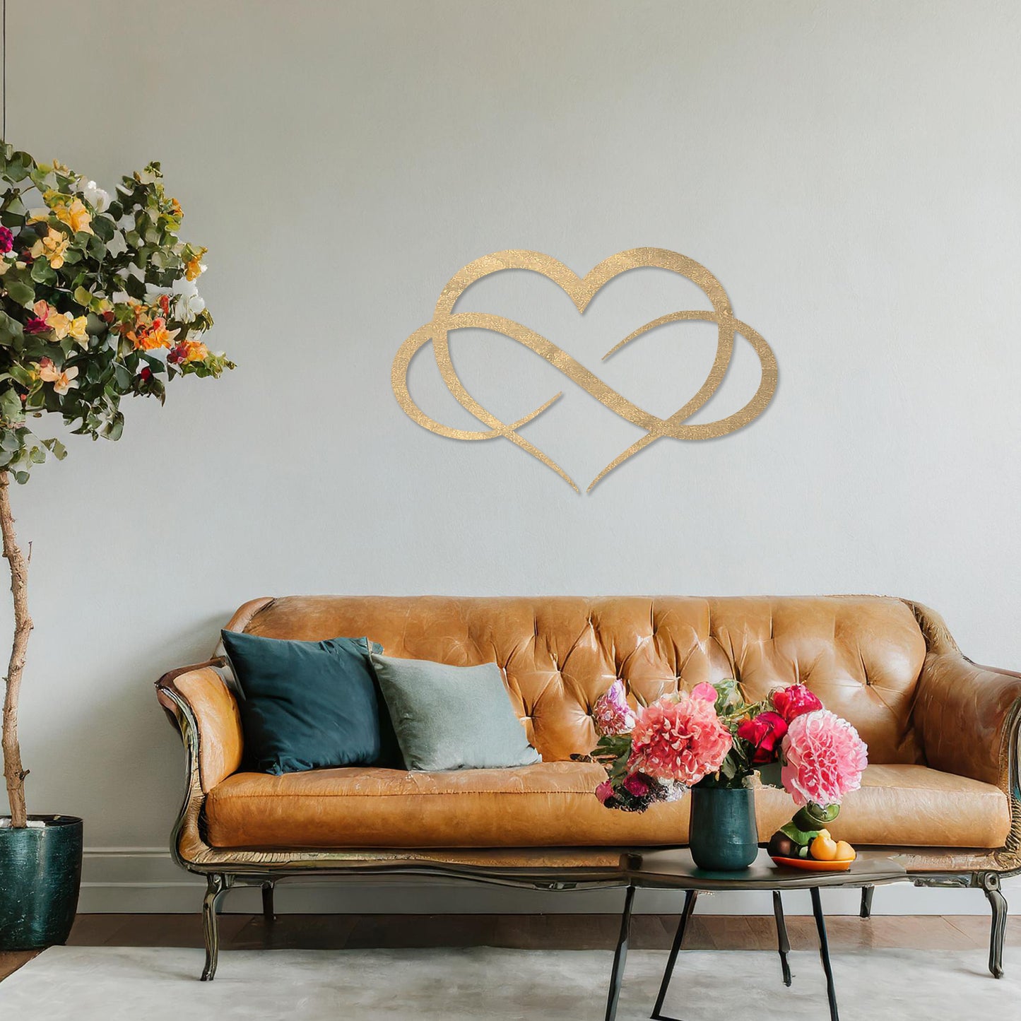Wooden infinity heart wall art featuring a minimalist and elegant design, blending an infinity symbol seamlessly into a heart shape, displayed on a neutral wall within modern decor to add a timeless touch to the space.