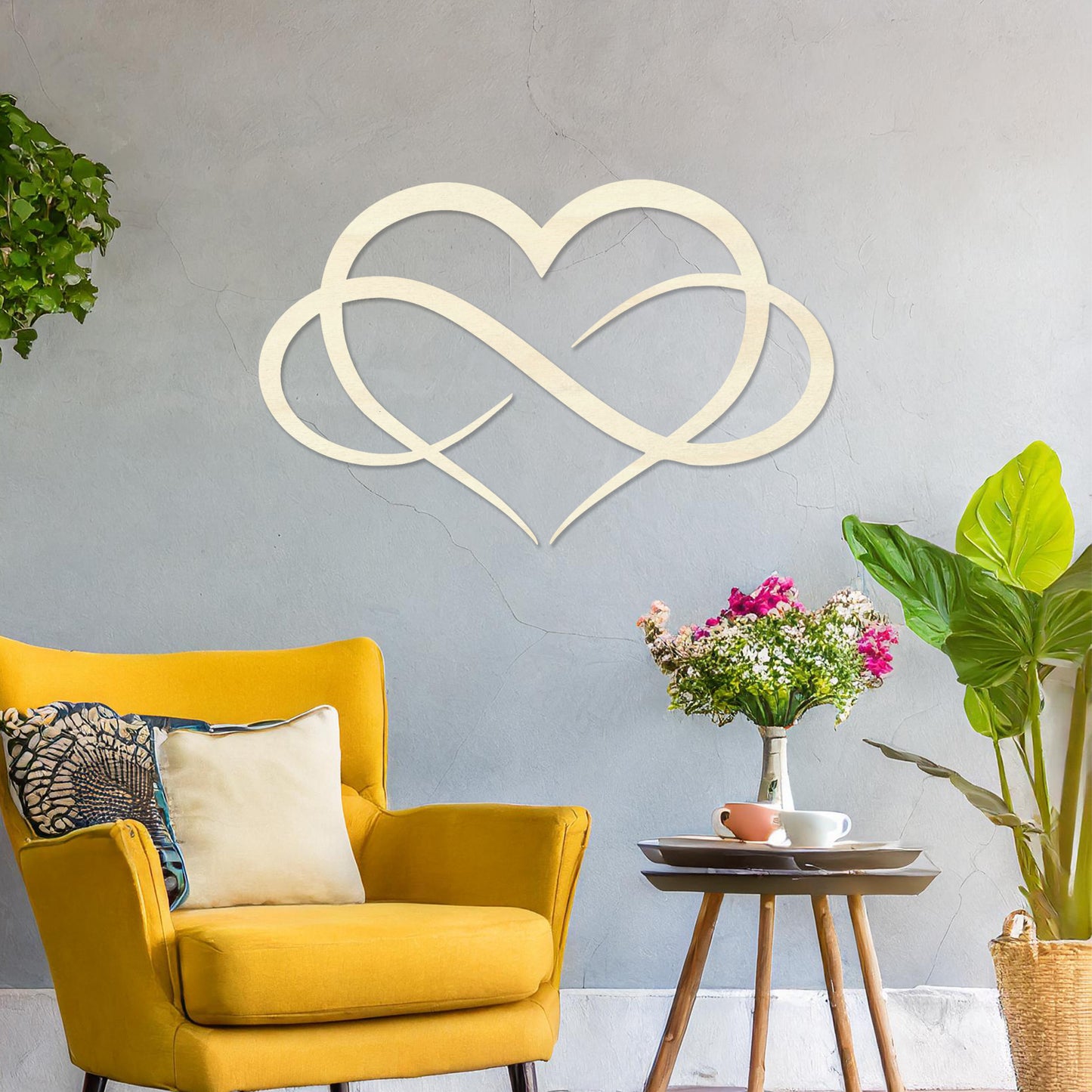 Wooden infinity heart wall art featuring a minimalist and elegant design, blending an infinity symbol seamlessly into a heart shape, displayed on a neutral wall within modern decor to add a timeless touch to the space.