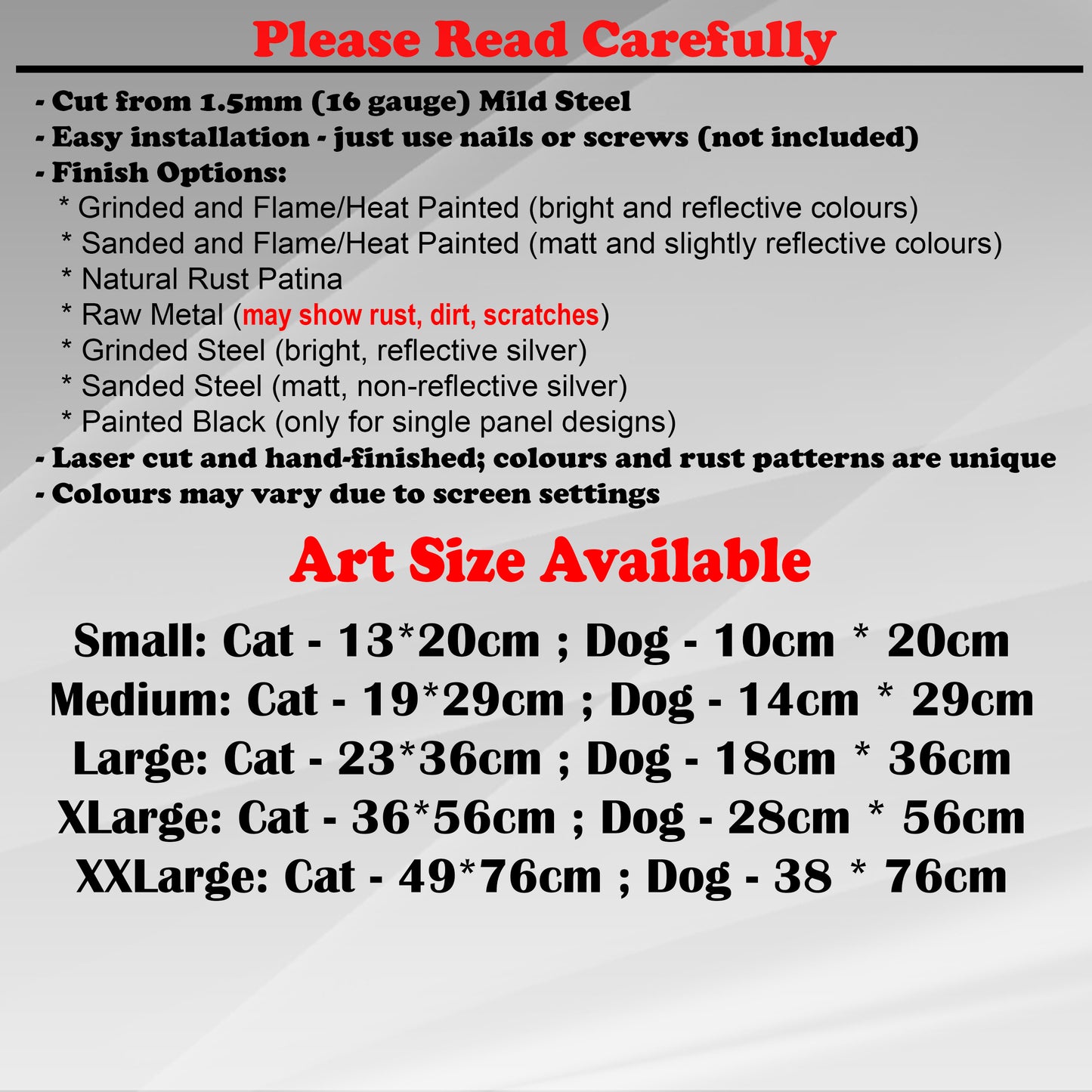 Duke Craft - Metal Garden Art Size Guide and art details, Material, finish options, fittings explained.